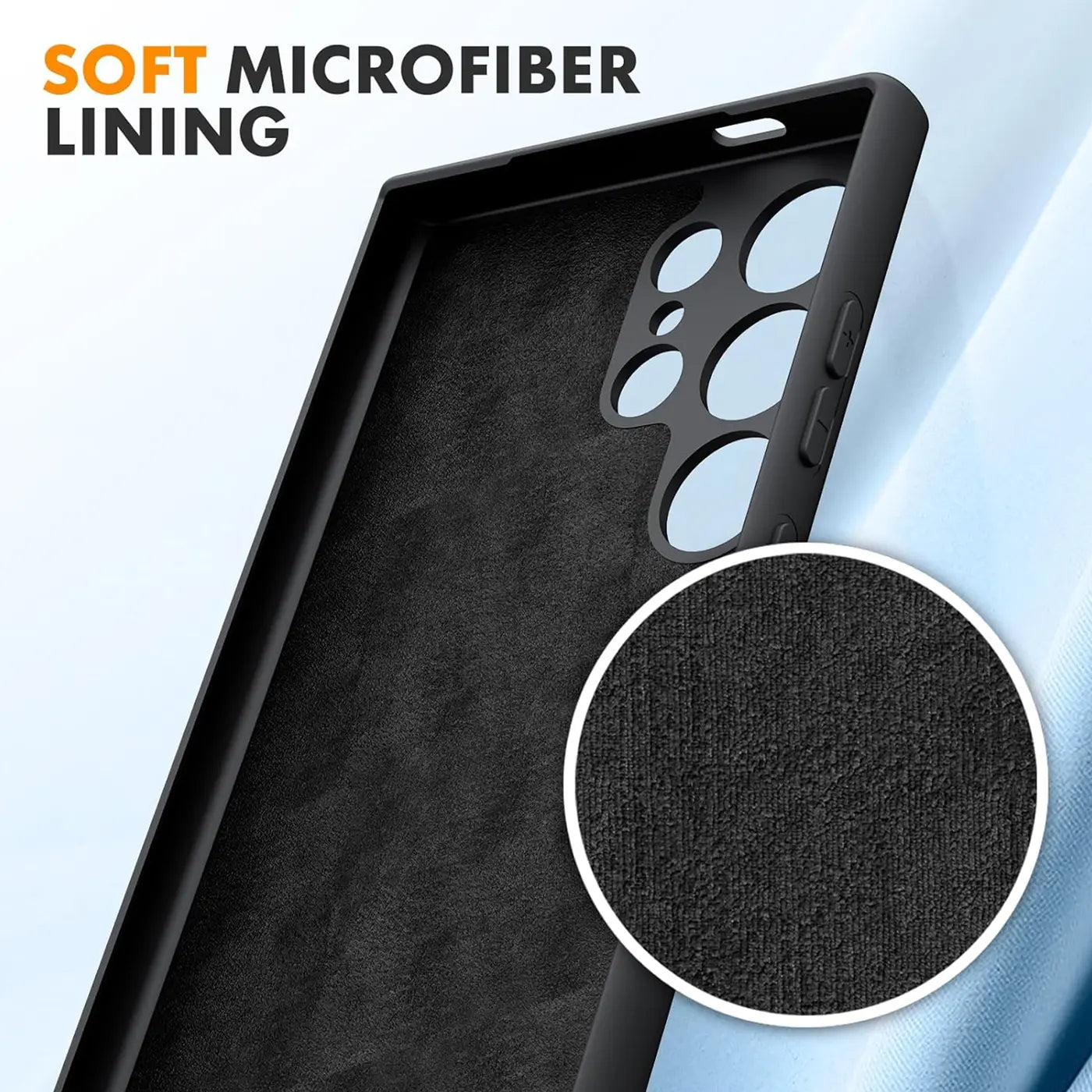 Schwarze Silikonhülle, Innenfutter Mikrofaser, Nahaufnahme, Samsung S25 Ultra.