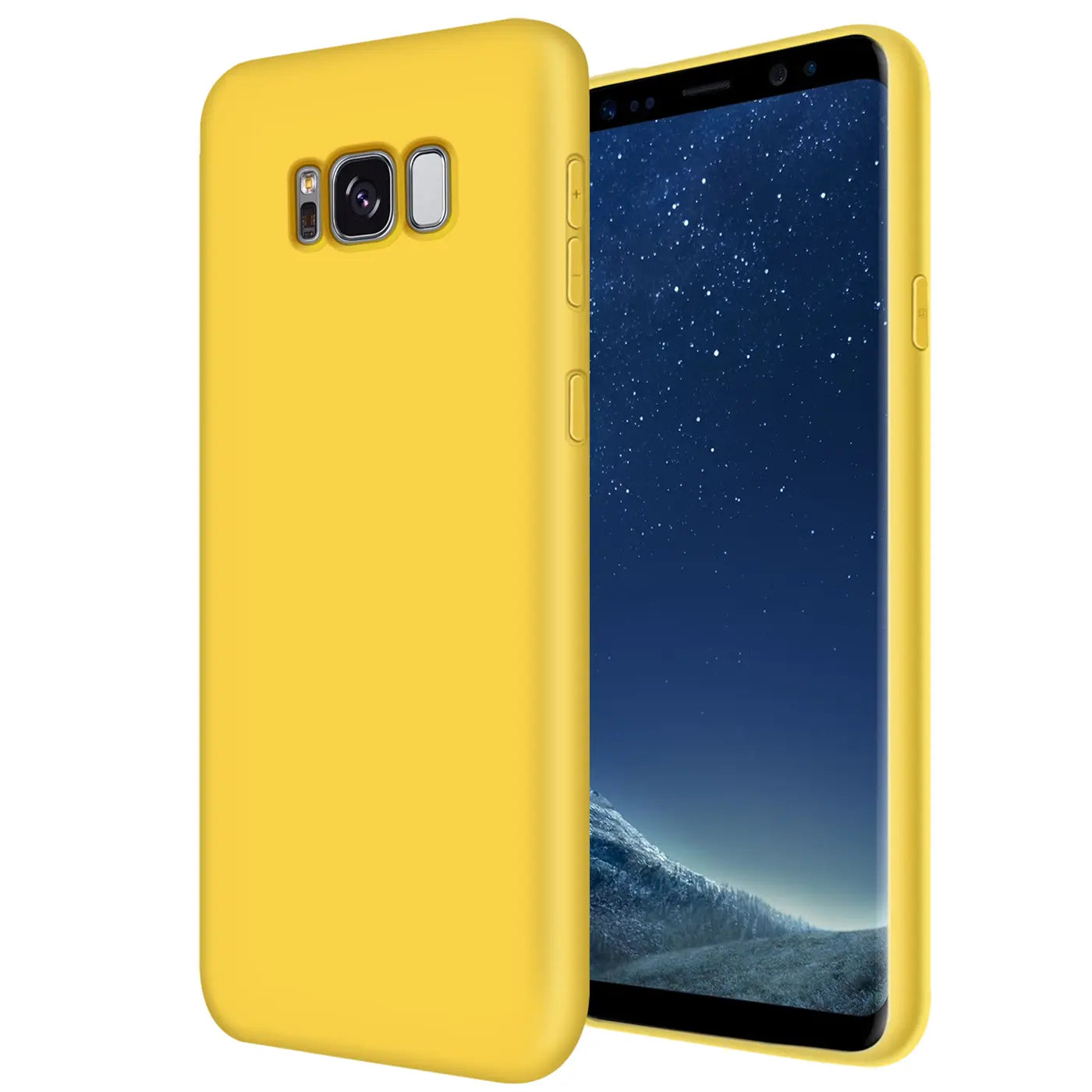 Gelbe Silikonhülle mit Mikrofaser-Innenfutter für Samsung Galaxy S8, Seitenansicht.