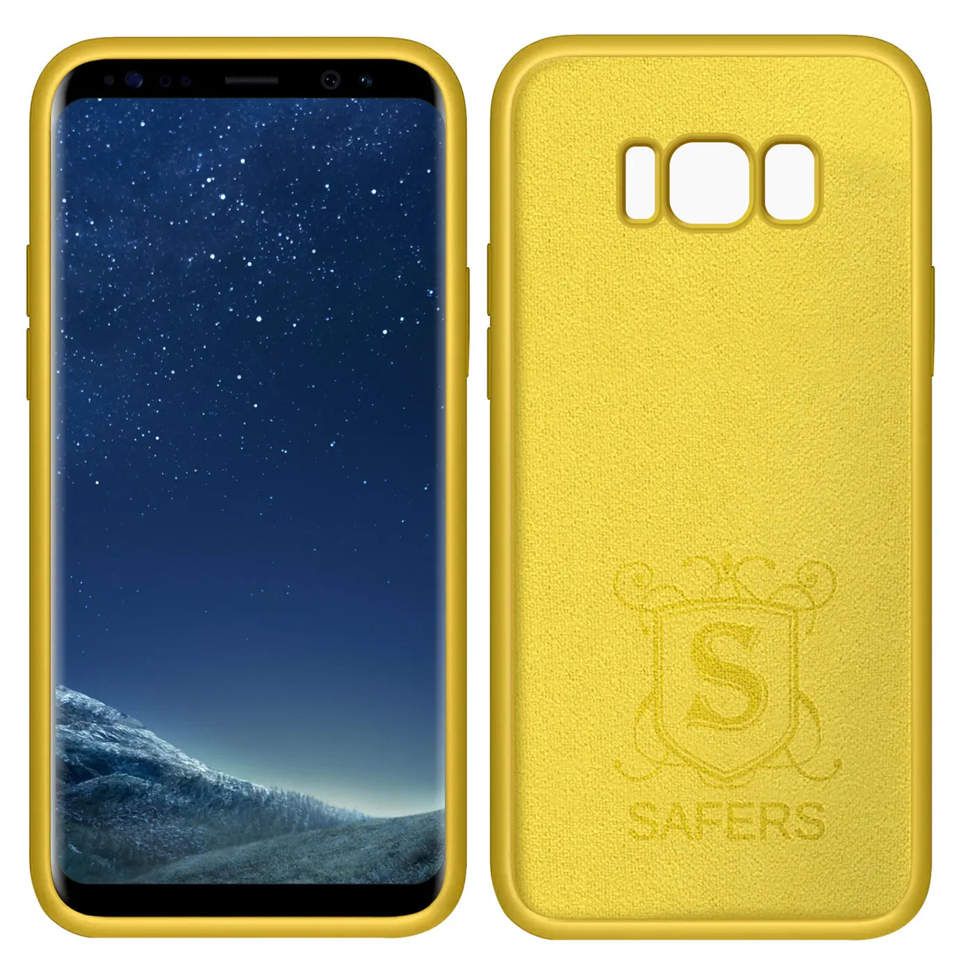 Gelbe Silikonhülle für Samsung Galaxy S8, Vorder- und Rückansicht. Mikrofaser-Innenfutter.