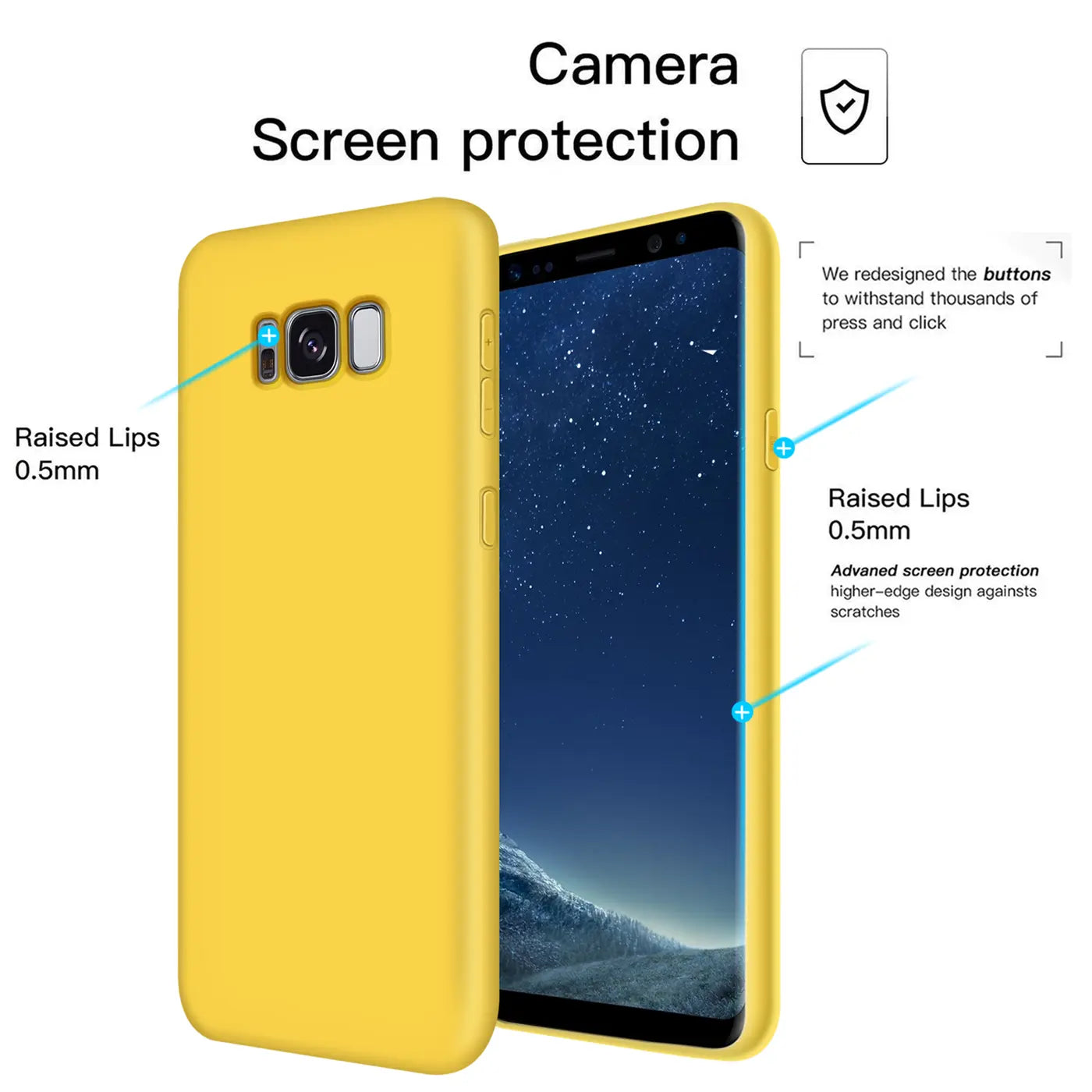 Gelbe Silikonhülle für Samsung Galaxy S8 Plus, von hinten und Seite gezeigt.