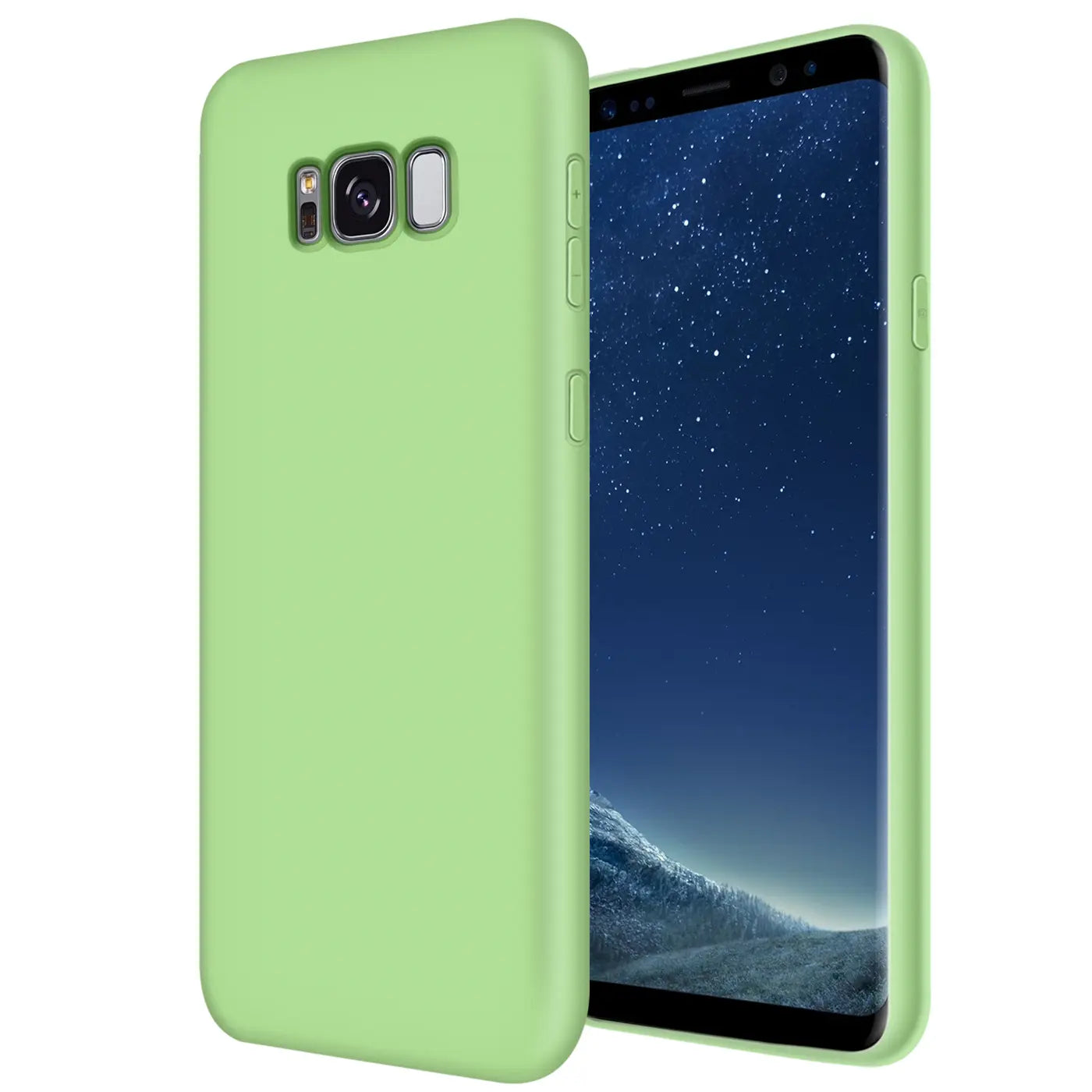 Helle grüne Silikonhülle für Samsung Galaxy S8 Plus, von vorne links gesehen.