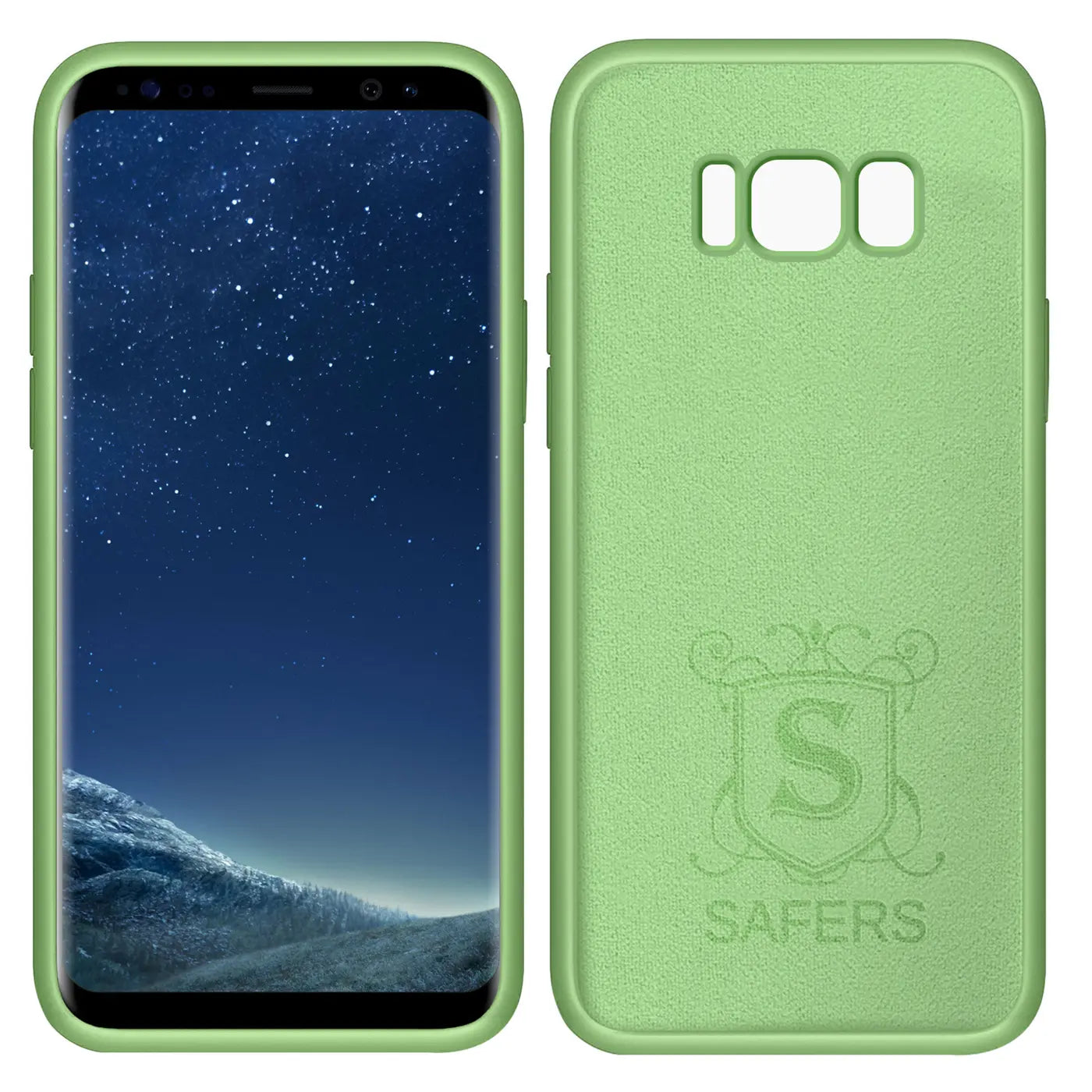 Grüne Silikonhülle für Samsung Galaxy S8 Plus, Vorder- und Rückansicht.