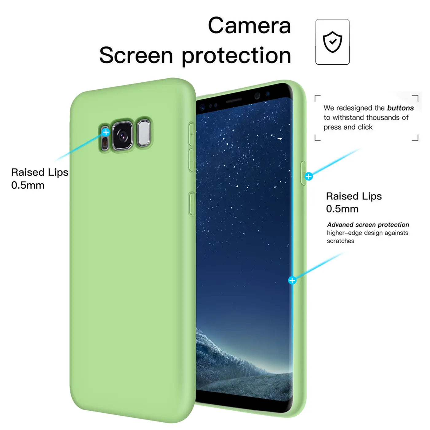 Hellgrüne Silikonhülle für Samsung Galaxy S8 Plus, von vorne und leicht schräg von der Seite.