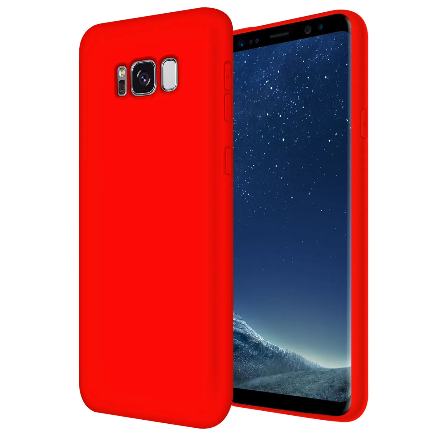 Rote Silikonhülle für Samsung Galaxy S8 Plus, von vorne links, mit Blick auf die Rückseite und das Display.
