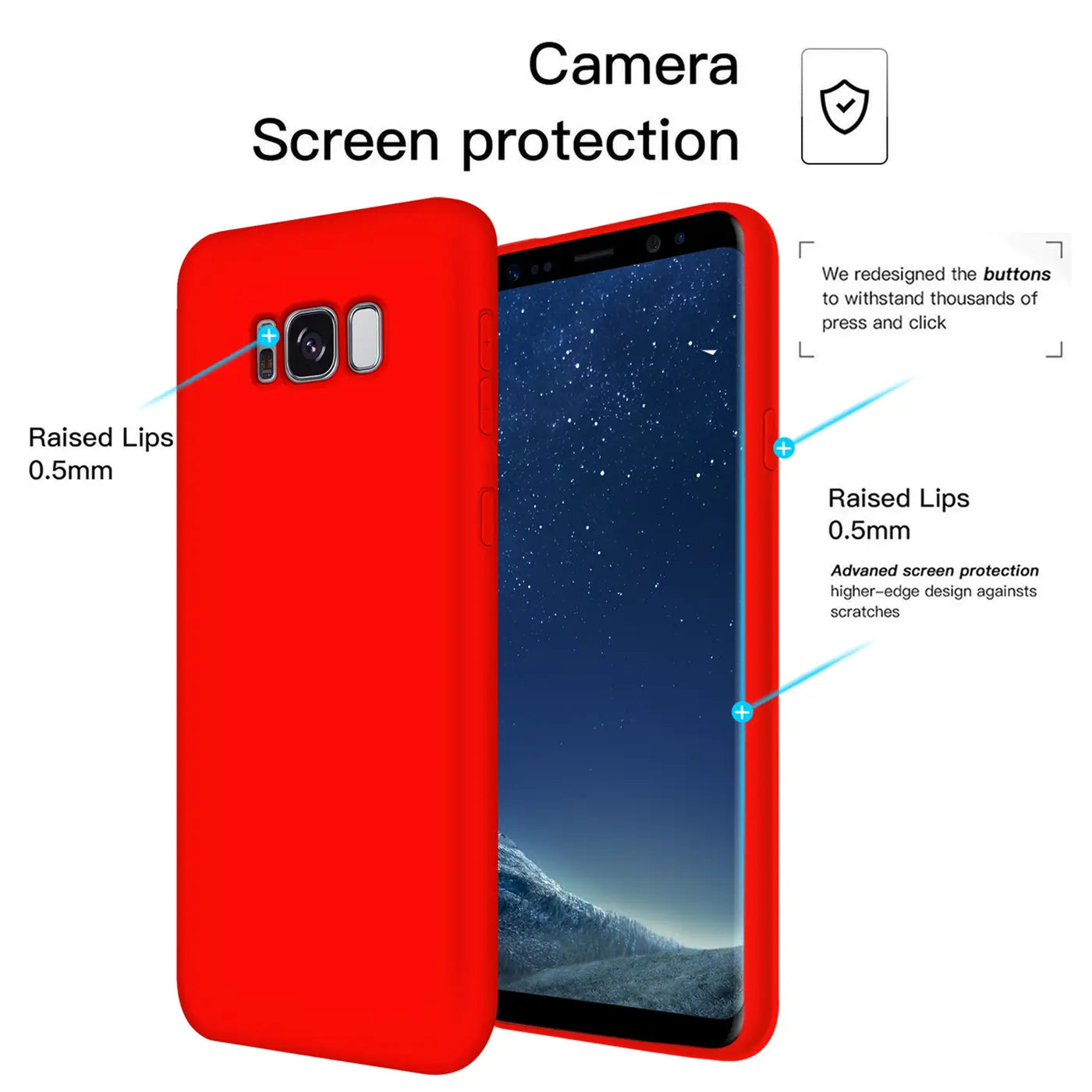 Rote Silikonhülle für Samsung Galaxy S8 Plus, Rückseite und Vorderseite gezeigt, Nahaufnahme.