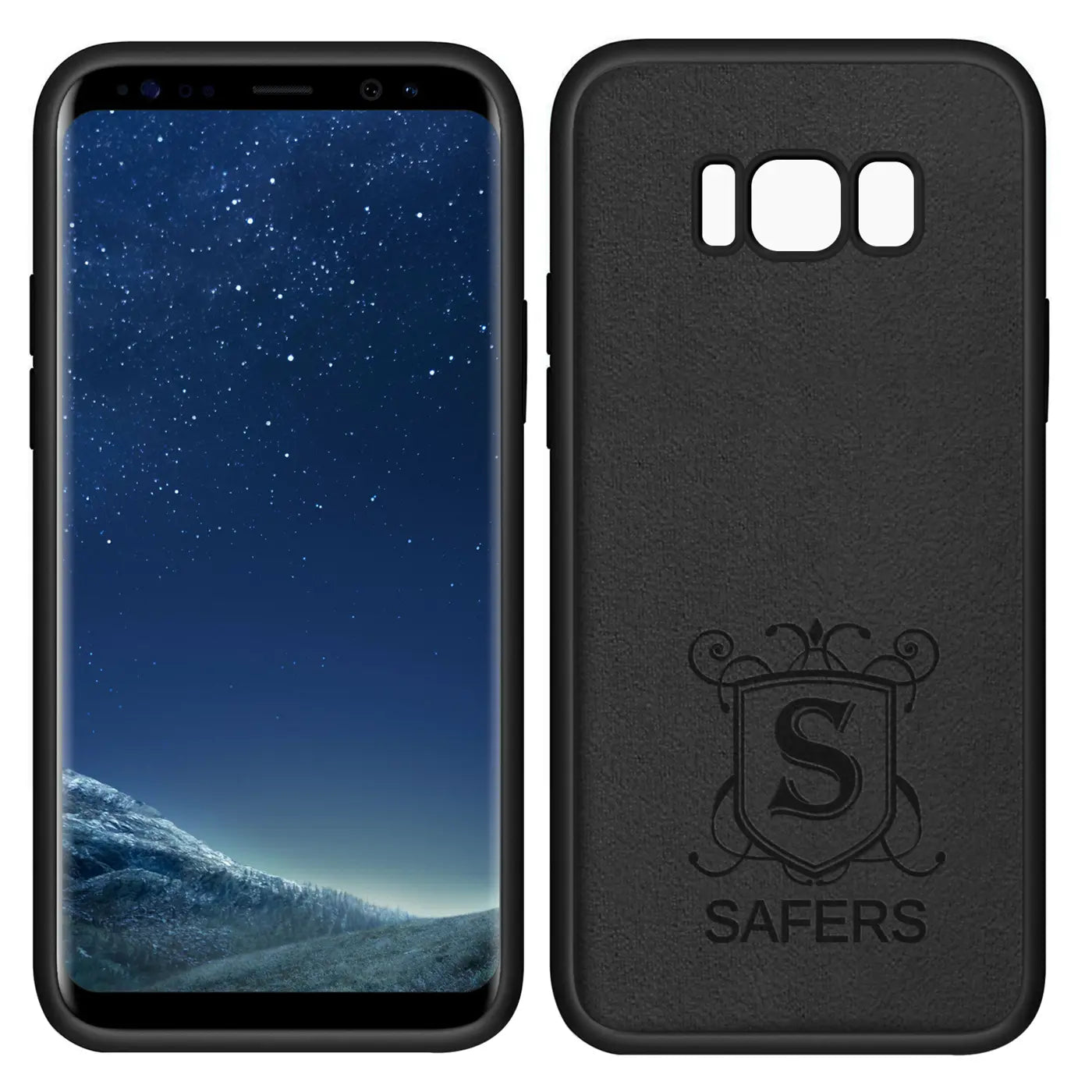 Samsung Galaxy S8 Plus mit schwarzer Silikonhülle, Mikrofaser innen, von vorne und hinten gezeigt.