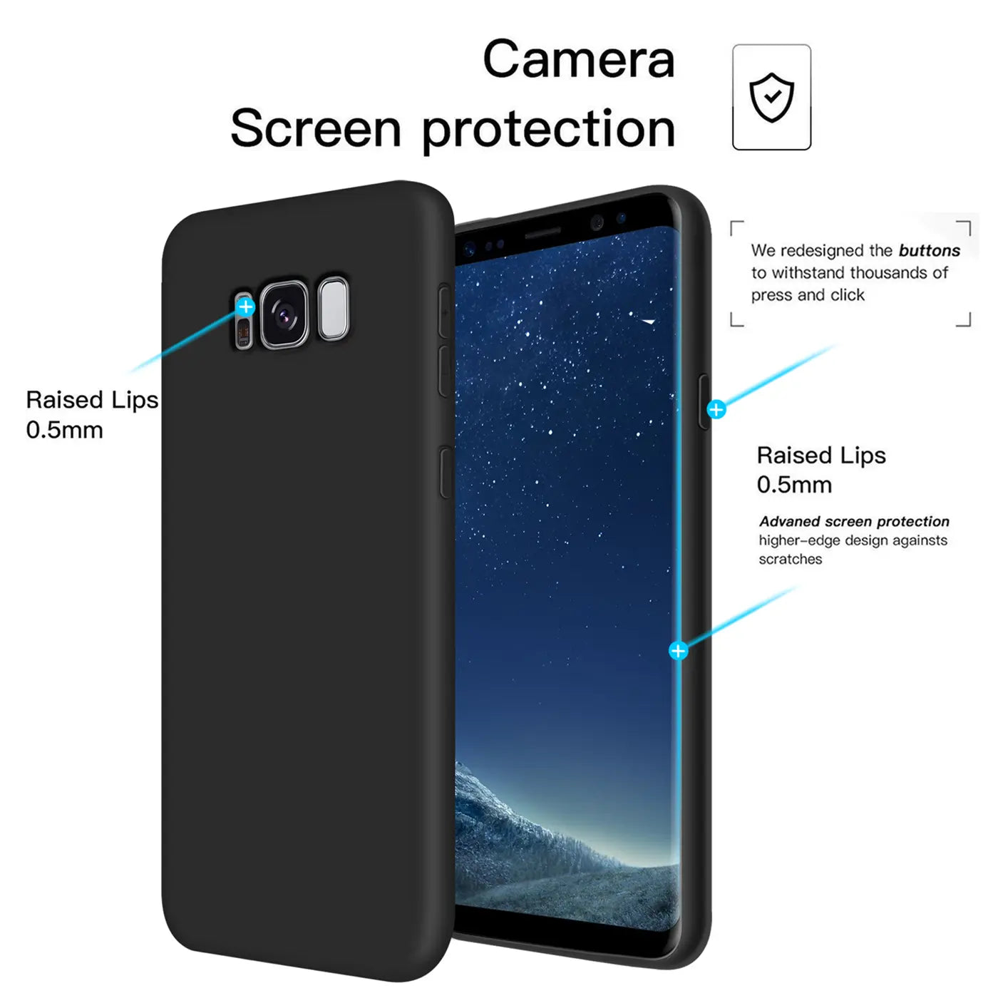 Schwarze Silikonhülle für Samsung Galaxy S8 Plus, von hinten und vorne gezeigt.