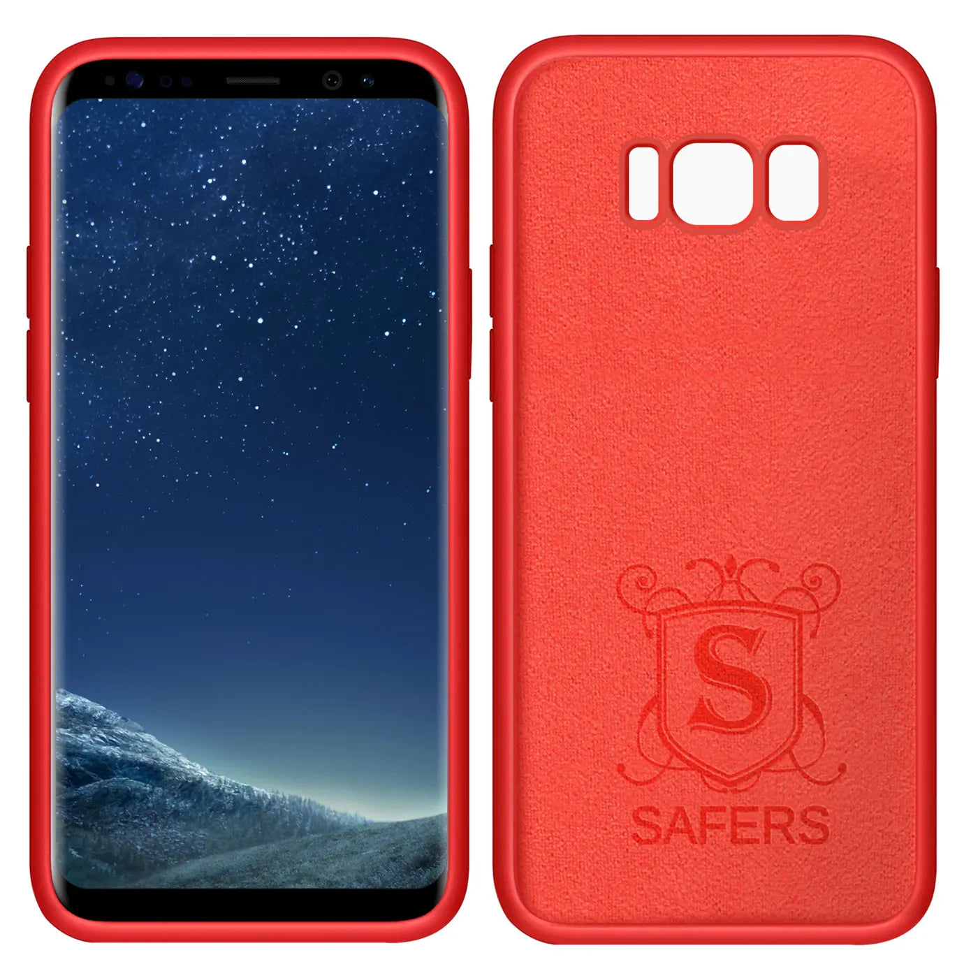 Rote Silikonhülle für Samsung Galaxy S8, Vorder- und Rückansicht, Mikrofaser-Innenfutter.