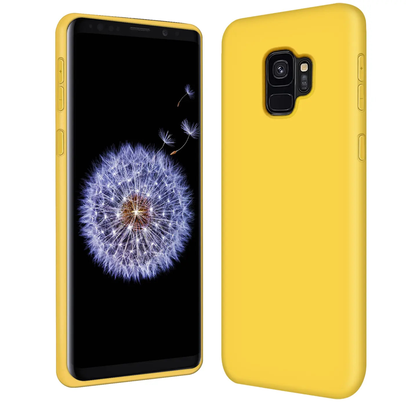 Gelbe Silikonhülle für Samsung Galaxy S9, Rückansicht und Vorderansicht.
