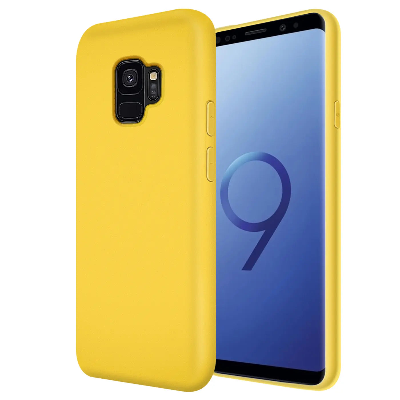 Gelbe Silikonhülle mit Mikrofaser-Innenfutter für Samsung Galaxy S9, Seitenansicht.