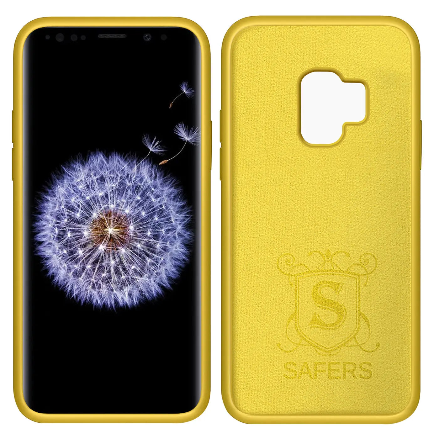 Gelbes Samsung Galaxy S9 mit Hülle, Vorder- und Rückansicht. Silikon.