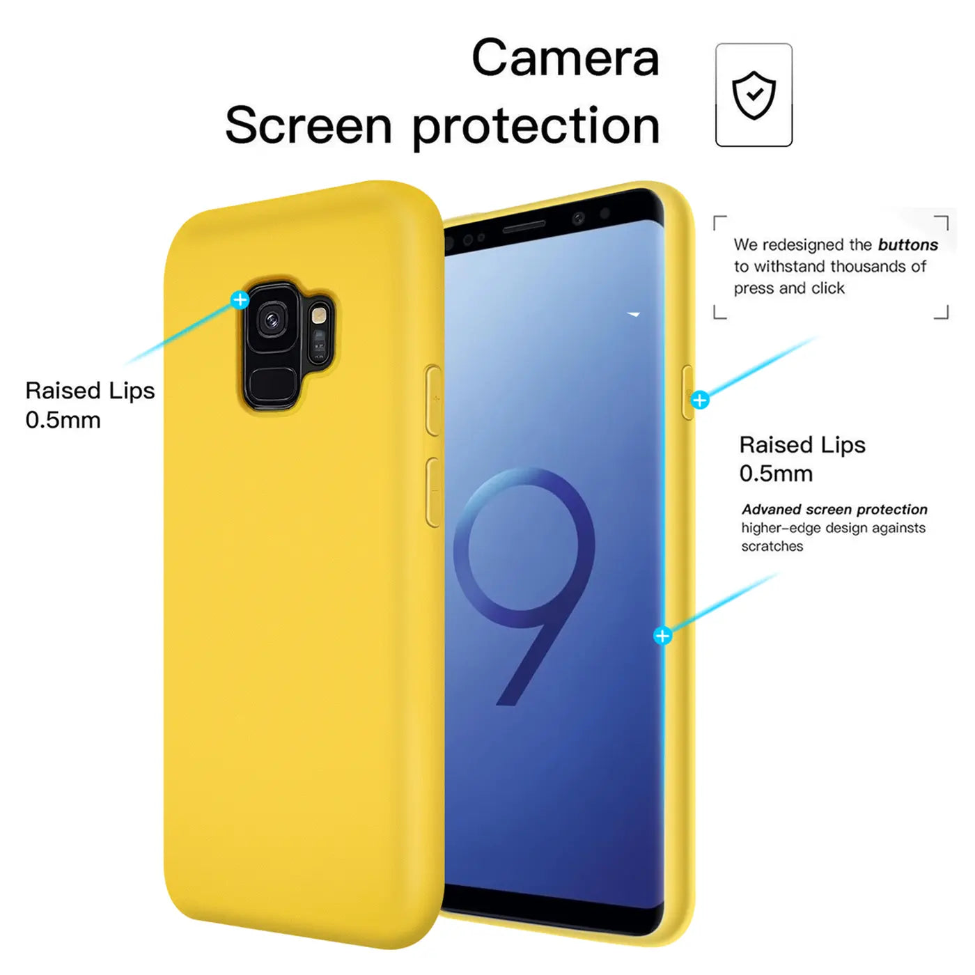 Gelbe Silikonhülle für Samsung Galaxy S9, von vorne und von hinten gezeigt.