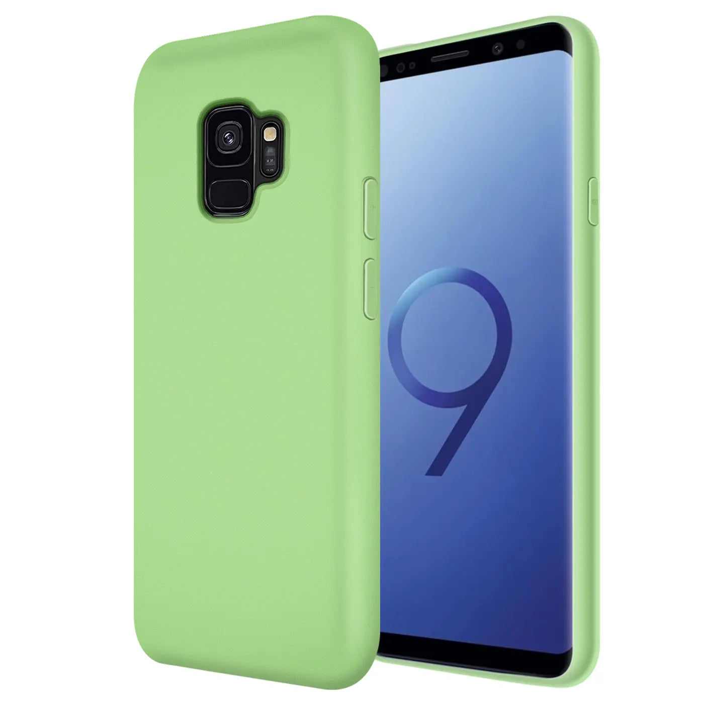 Helle grüne Silikonhülle, Vorder- und Rückansicht, auf einem Samsung Galaxy S9