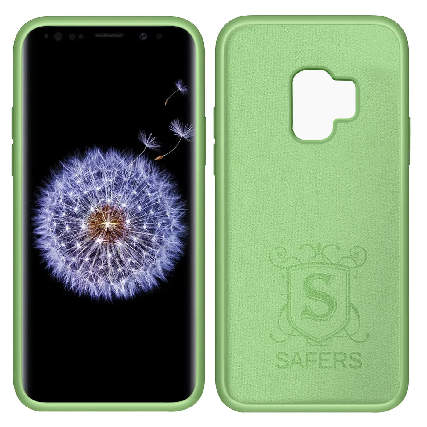 Grüne Silikonhülle, Vorder- und Rückansicht, für Samsung Galaxy S9.