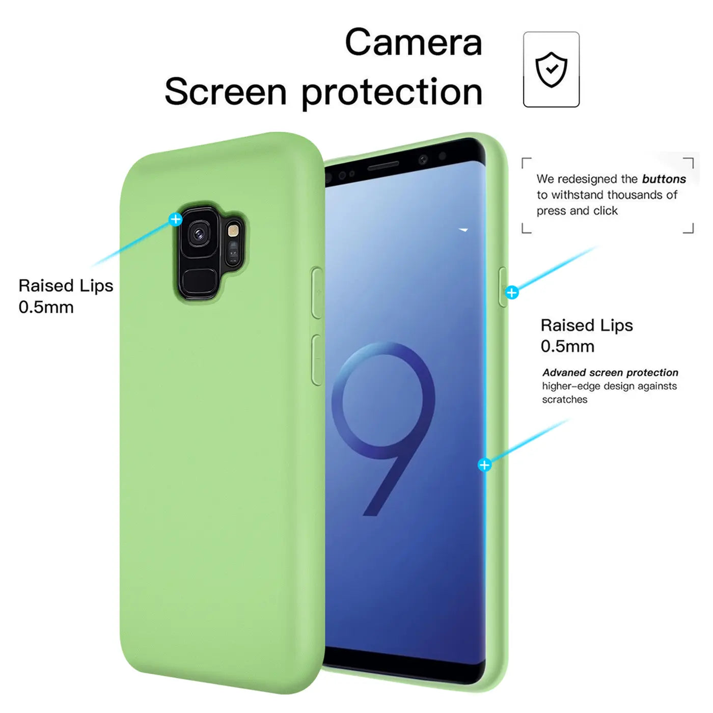 Grüne Silikonhülle für Samsung Galaxy S9, von vorne/seitlich, mit hervorgehobener Kamera und Bildschirm.