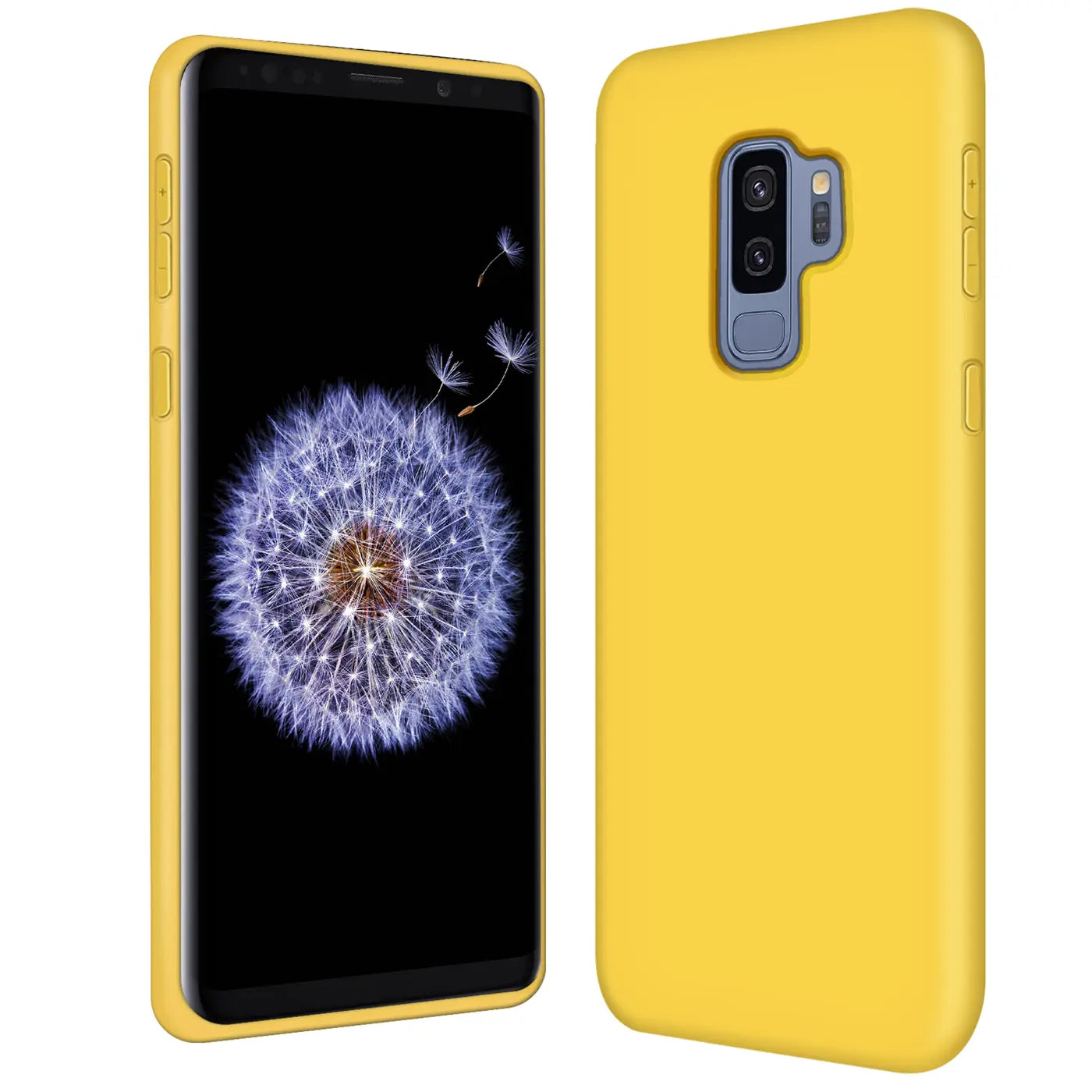 Gelbe Silikonhülle für Samsung Galaxy S9 Plus, Rückseite und Vorderseite von links, mit Mikrofaser-Innenfutter.