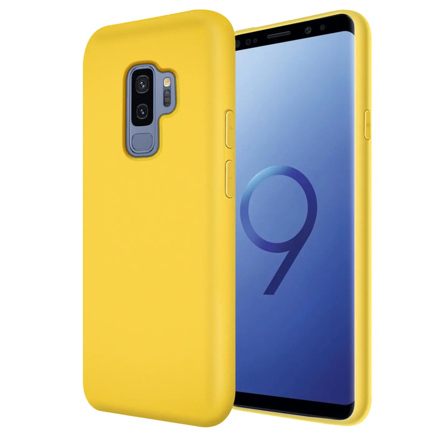 Gelbe Silikonhülle für Samsung Galaxy S9 Plus, von vorne links, mit Mikrofaser-Innenfutter.