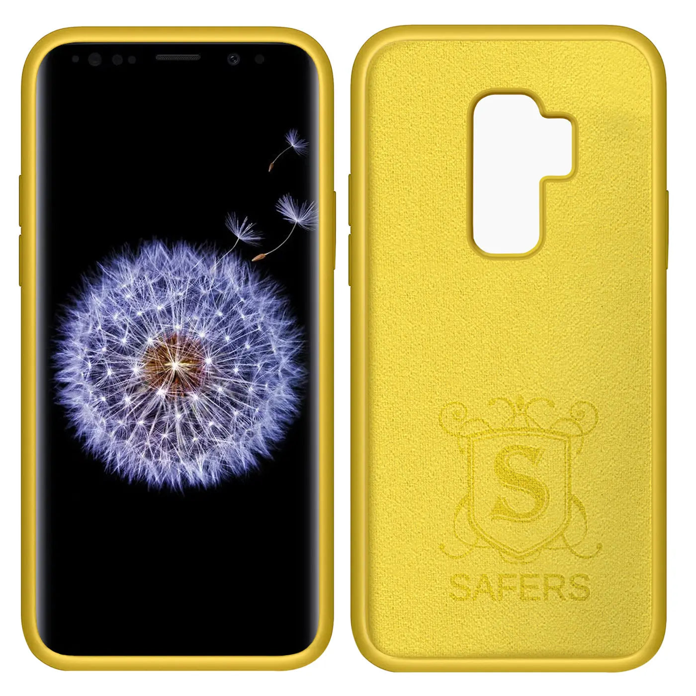 Gelbe Silikonhülle für Samsung Galaxy S9 Plus, Vorder- und Rückansicht.