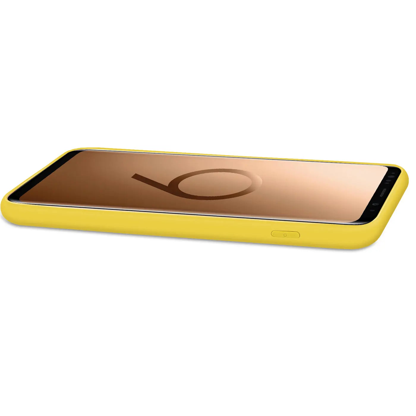 Gelbe Silikonhülle mit Mikrofaser-Innenfutter für Samsung Galaxy S9 Plus, Seitenansicht.