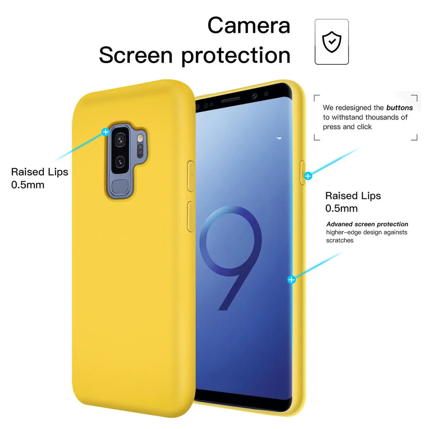 Gelbe Silikonhülle für Samsung Galaxy S9 Plus, von vorne und hinten gezeigt.
