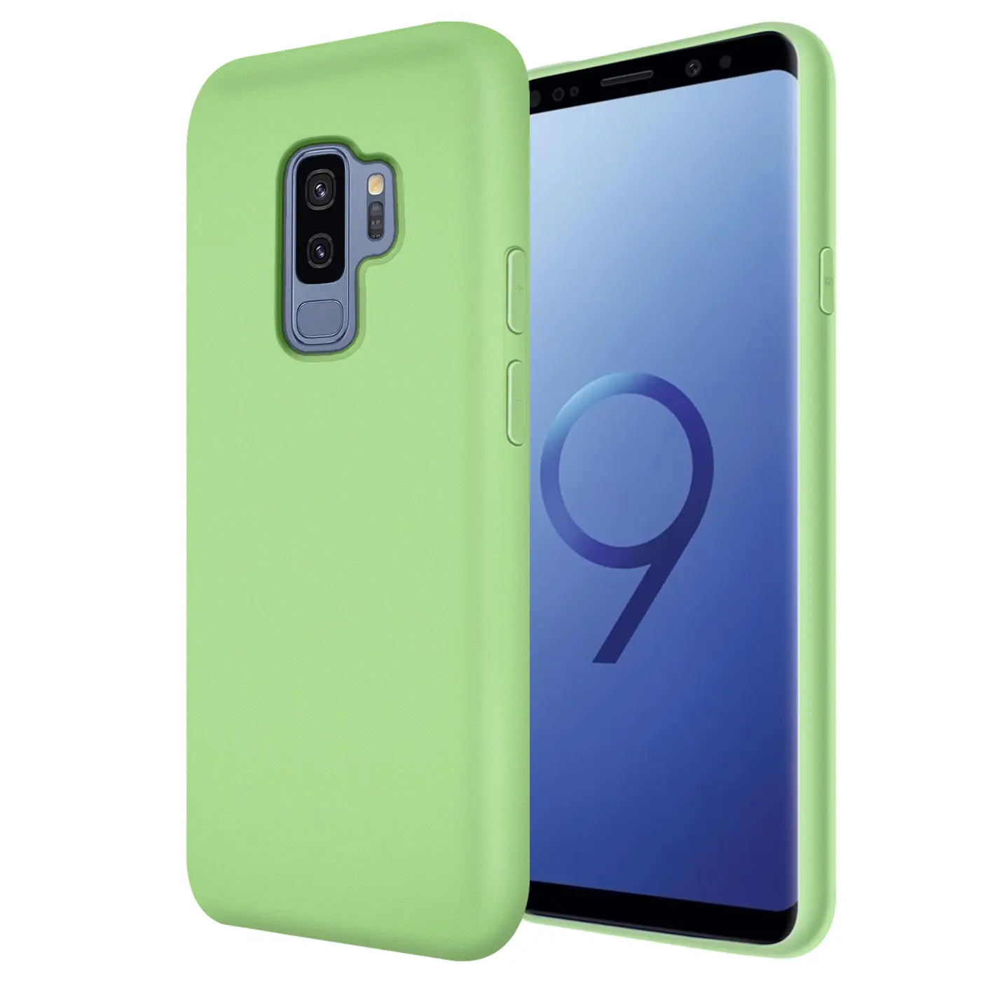 Grüne Silikonhülle mit Mikrofaser innen, seitliche Ansicht, Samsung Galaxy S9 Plus.