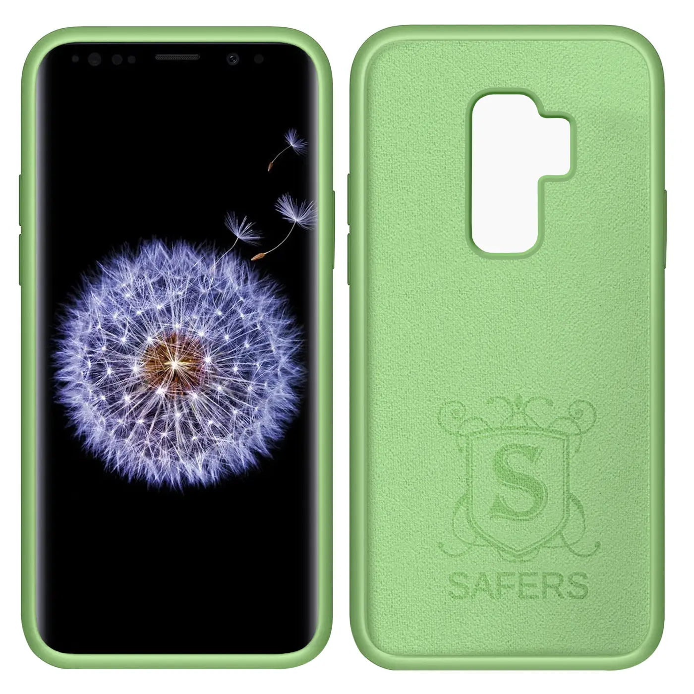 Grüne Silikonhülle für Samsung Galaxy S9 Plus, Vorder- und Rückansicht.
