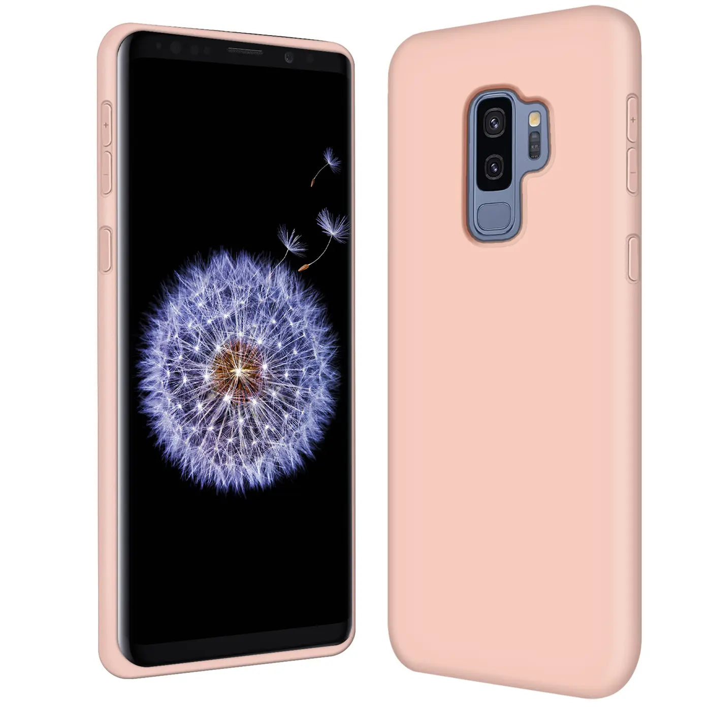 Rosa Silikonhülle für Samsung Galaxy S9 Plus, Rückansicht und Seitenansicht.