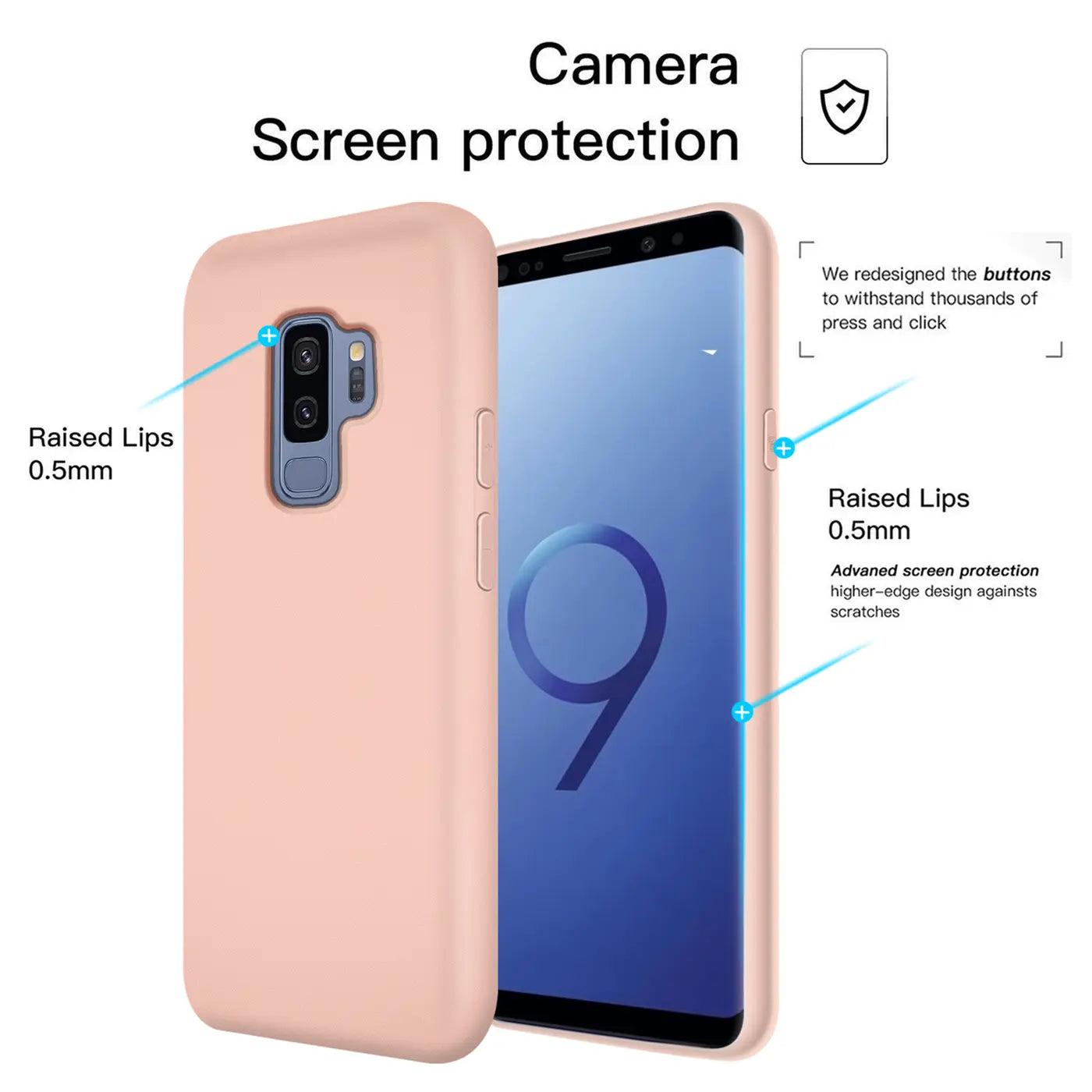 Rosa Silikonhülle für Samsung Galaxy S9 Plus, Seitenansicht, Nahaufnahme.