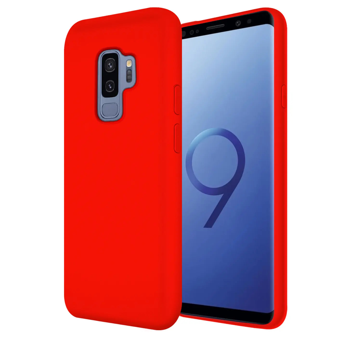 Rote Silikonhülle für Samsung Galaxy S9 Plus, von vorne/leicht schräg.