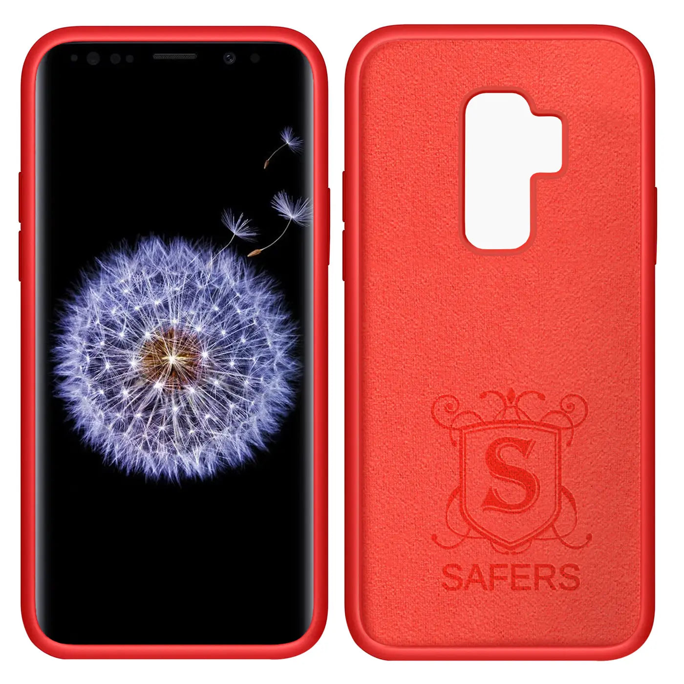 Rote Silikonhülle für Samsung Galaxy S9 Plus, Vorder- und Rückansicht. Mikrofaser innen.