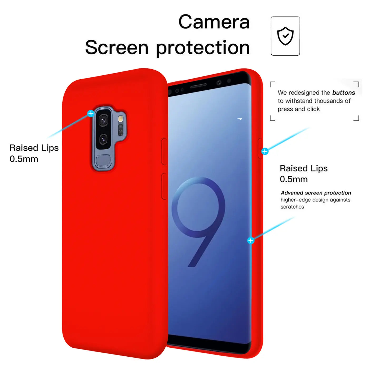 Rote Silikonhülle mit Samsung Galaxy S9 Plus, Seitenansicht. Erhöhte Lippen.