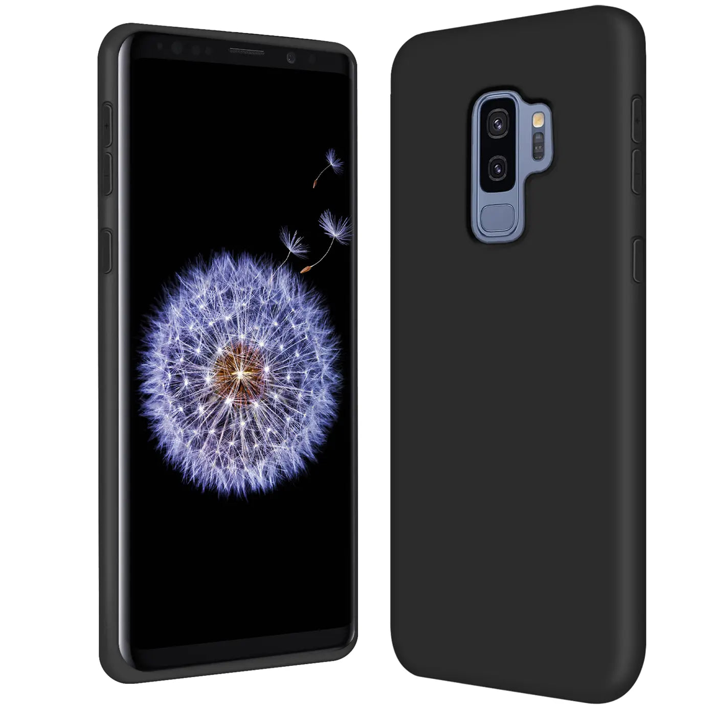 Schwarze Silikonhülle, Rückseite und Vorderseite eines Samsung Galaxy S9 Plus.