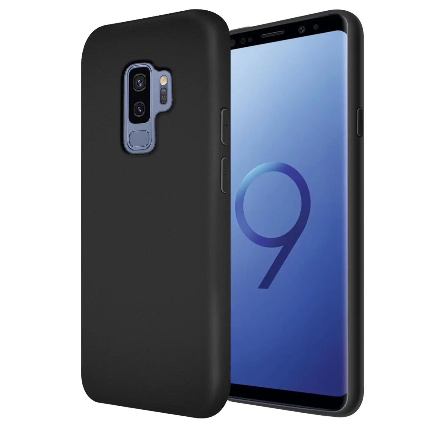 Schwarze Silikonhülle mit Mikrofaser-Innenfutter für Samsung Galaxy S9 Plus, Seitenansicht.