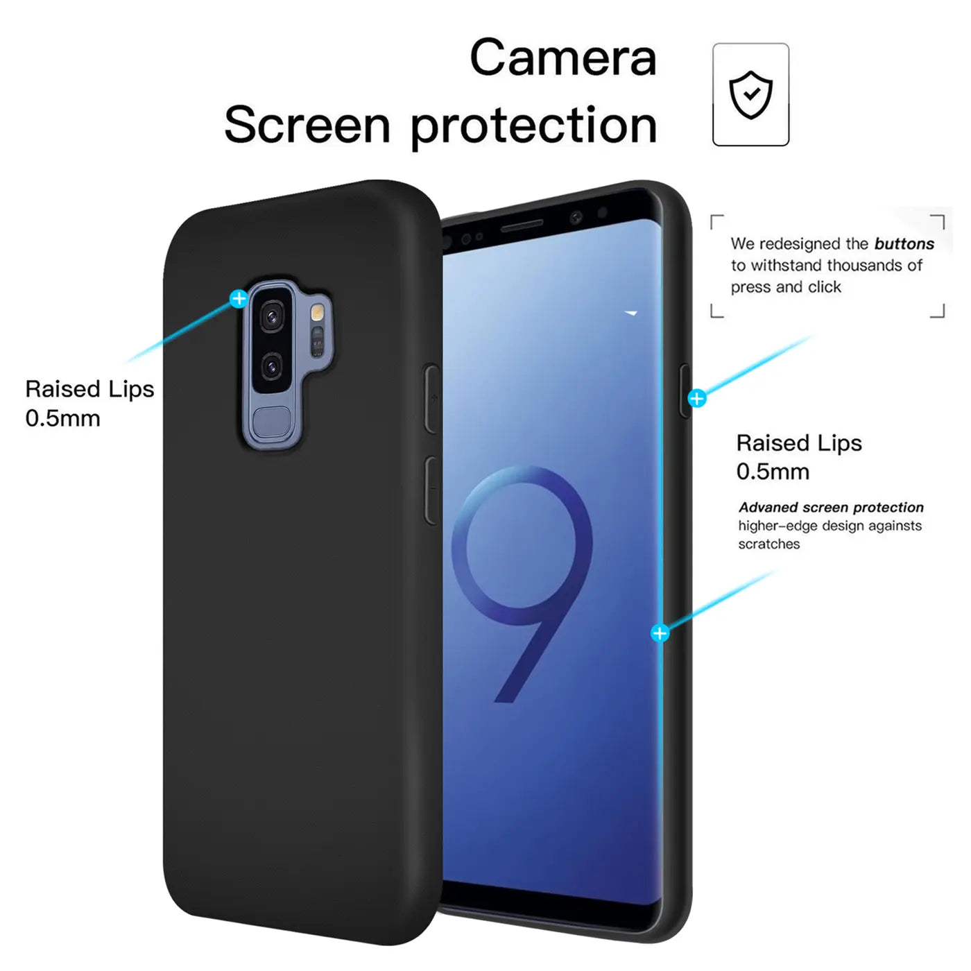 Schwarze Silikonhülle für Samsung Galaxy S9 Plus, Seitenansicht, mit hervorgehobenen Lippen.