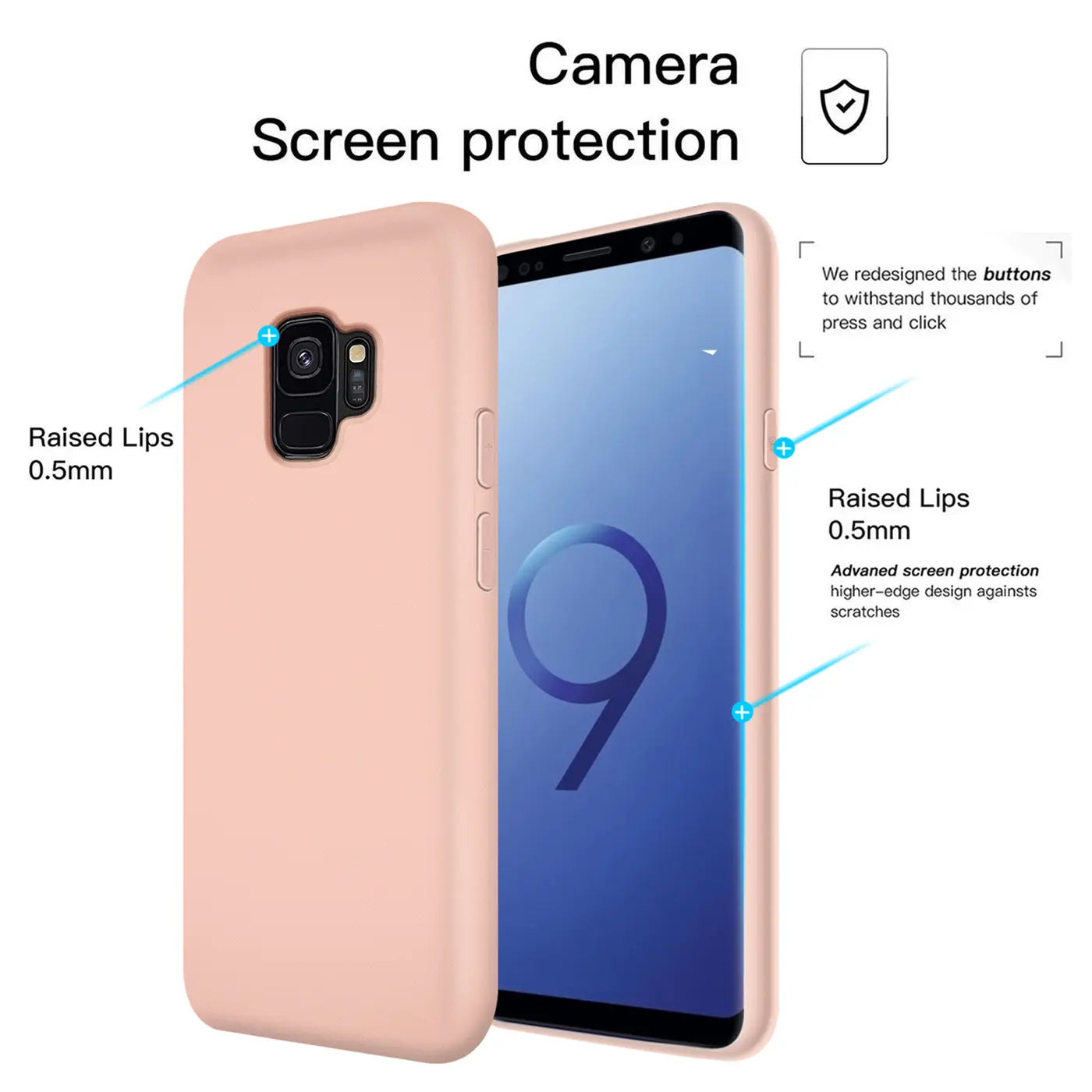 Rosa Silikonhülle für Samsung Galaxy S9, von vorne/seitlich gezeigt.