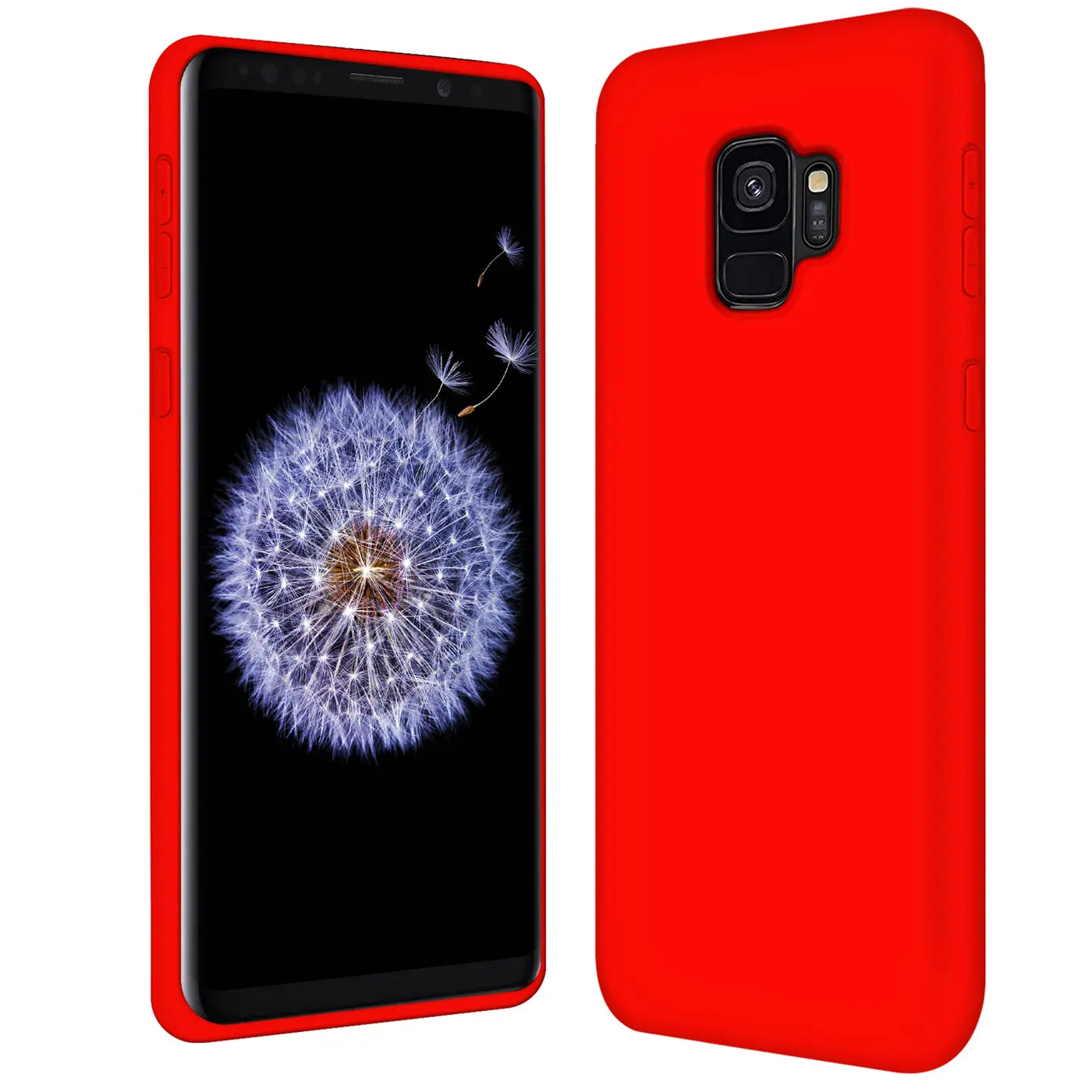 Rote Silikonhülle für Samsung Galaxy S9, Vorder- und Rückansicht.