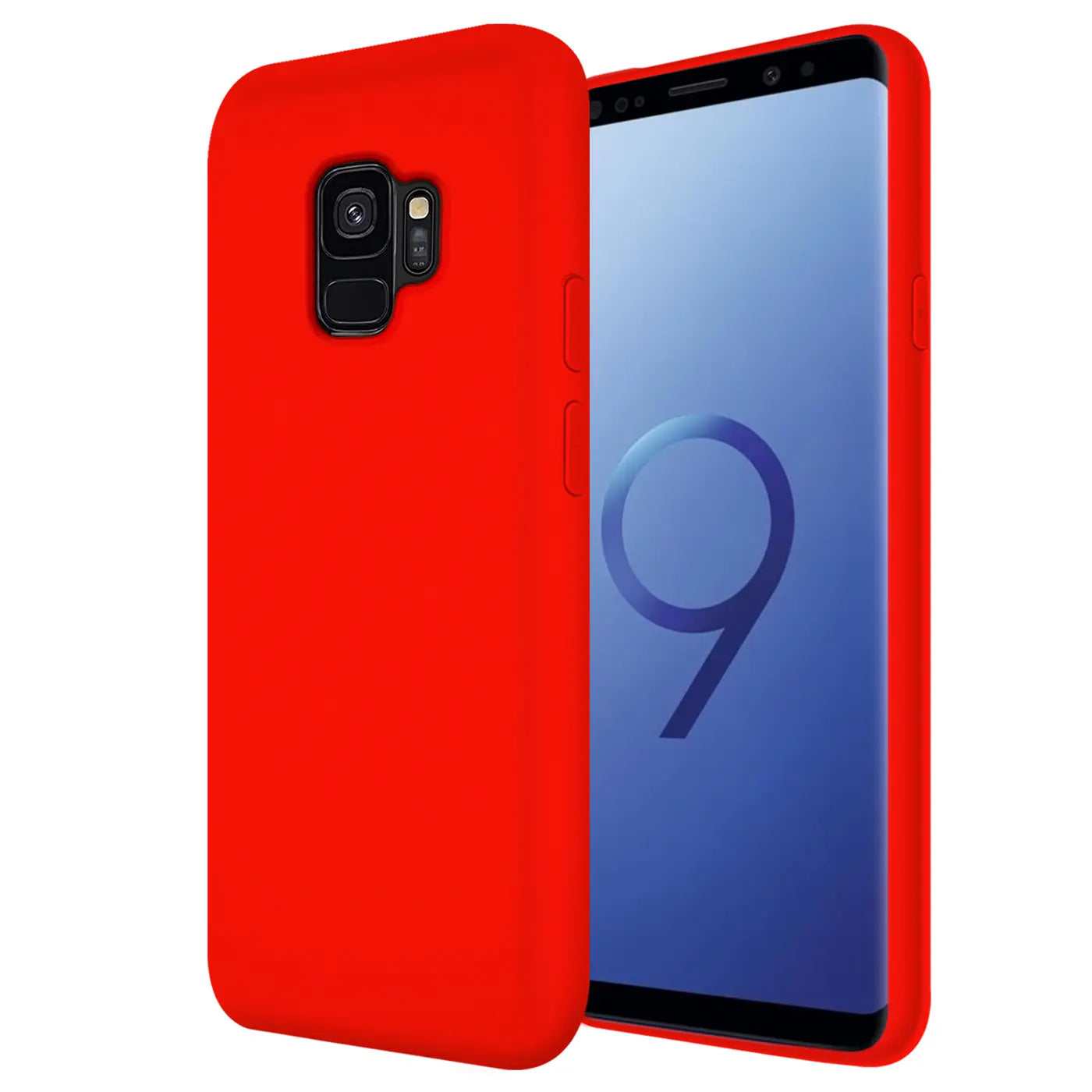 Rote Silikonhülle für Samsung Galaxy S9, von vorne links, mit freiliegender Rückseite und Display.