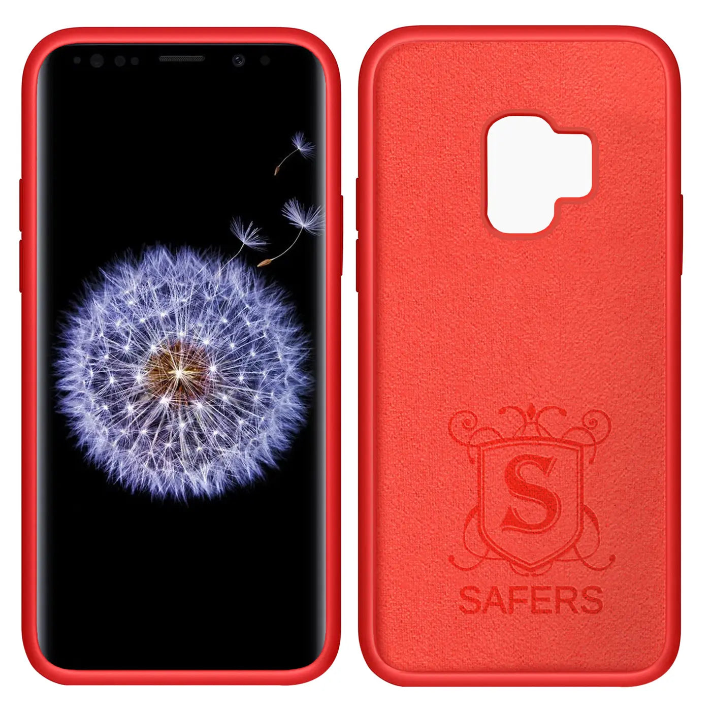 Rote Silikonhülle für Samsung Galaxy S9, Vorder- und Rückansicht, Mikrofaser innen.
