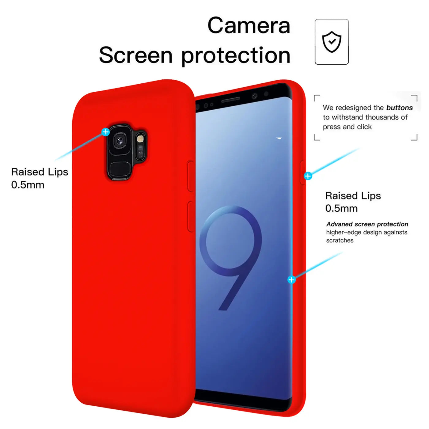 Rote Silikonhülle für Samsung Galaxy S9, von hinten und Seite gezeigt.