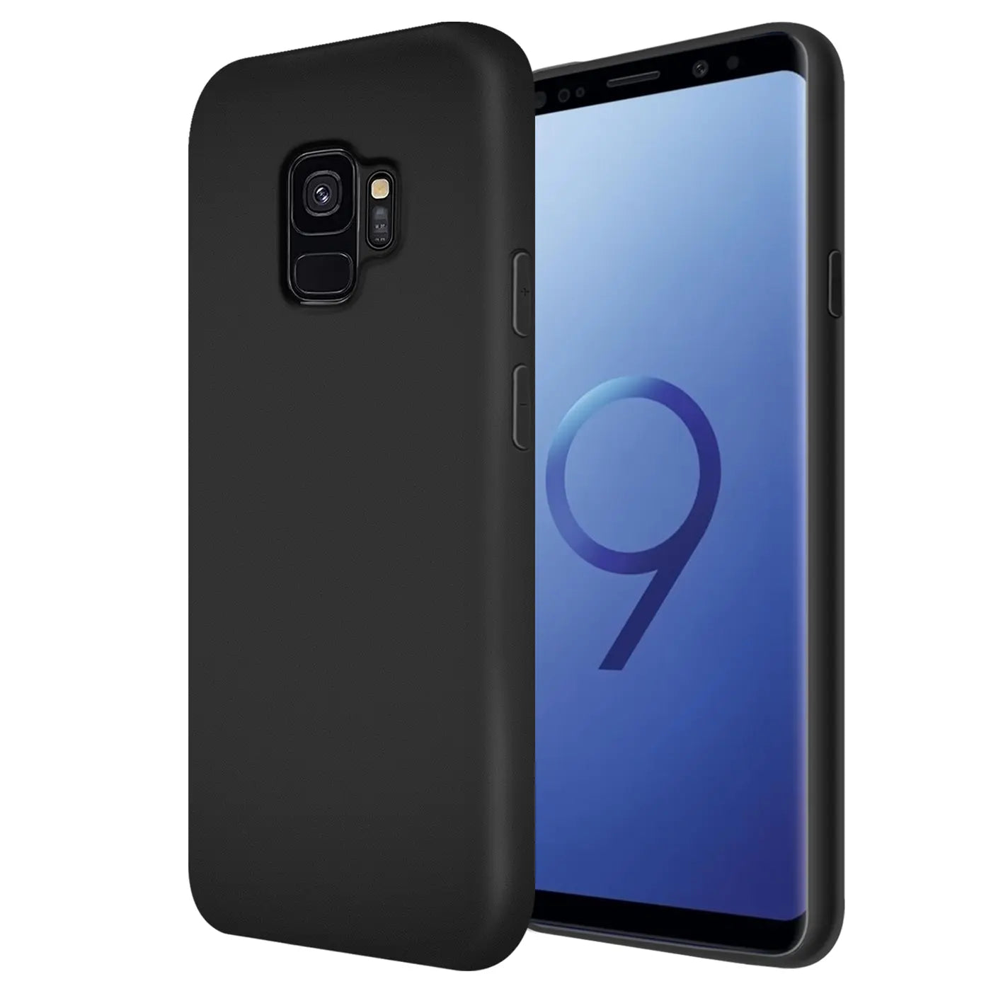 Schwarze Silikonhülle mit Mikrofaser-Innenfutter, Rückansicht, Samsung Galaxy S9.