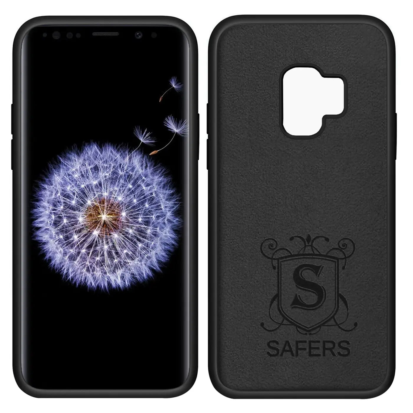Samsung Galaxy S9 mit Pusteblumen-Hintergrund und schwarzer Silikonhülle mit Logo.