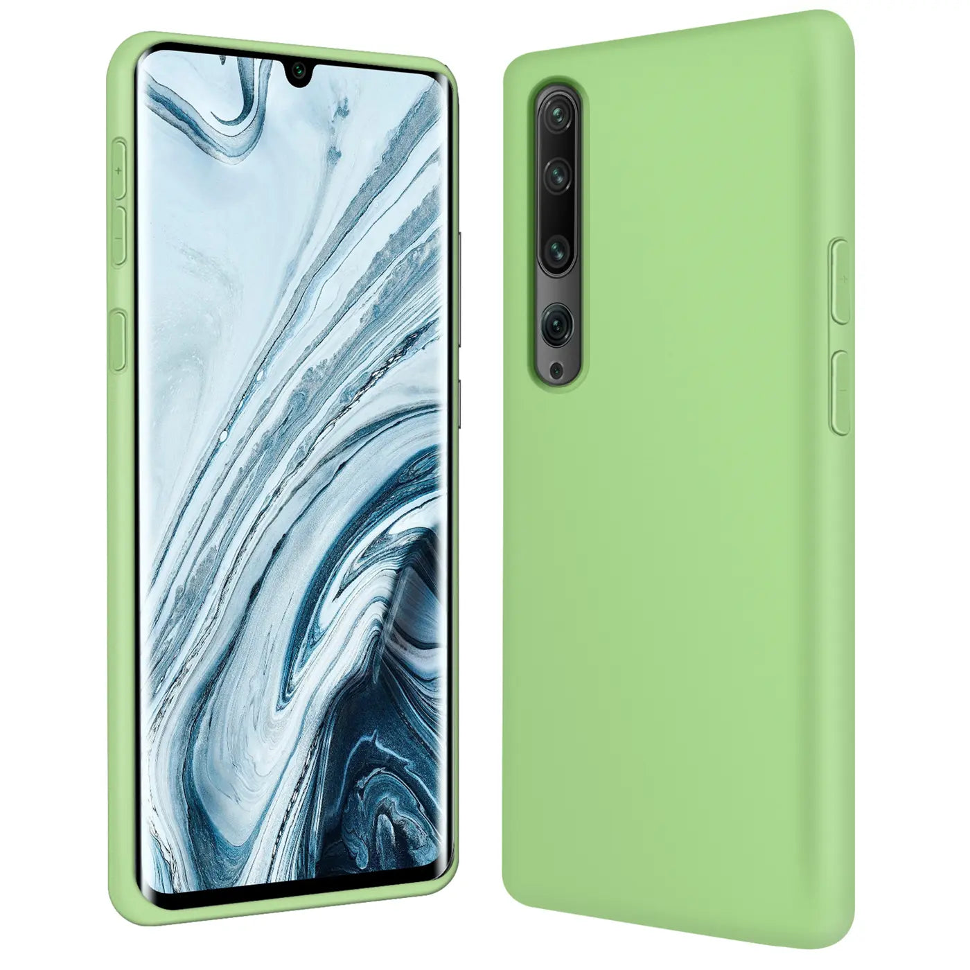 Grüne Silikonhülle mit Mikrofaser-Innenfutter für Xiaomi Mi Note 10 / Pro, von vorn und seitlich