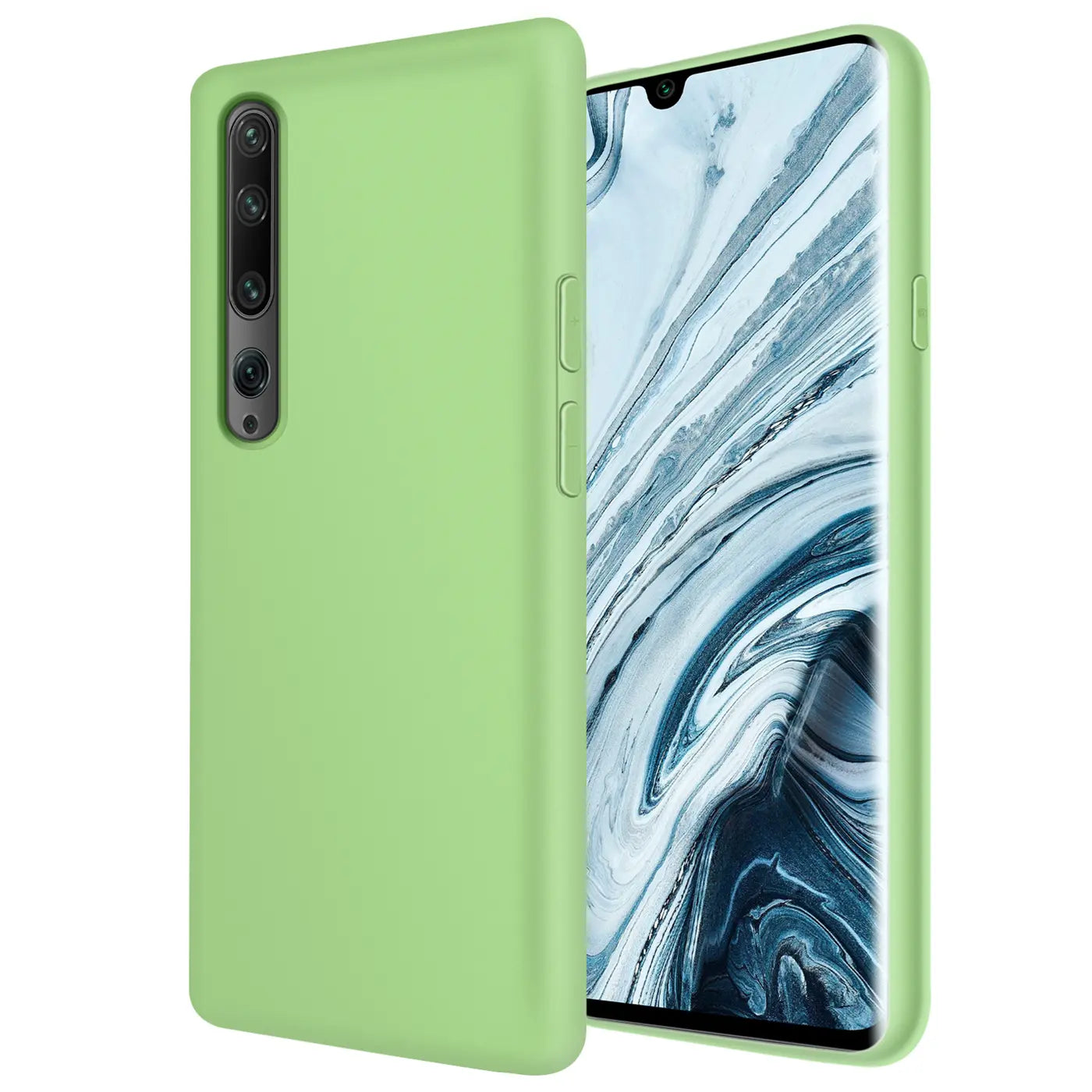 Grüne Silikonhülle für Xiaomi Mi Note 10 / Pro, von vorne/seitlich, mit Mikrofaser-Innenfutter.