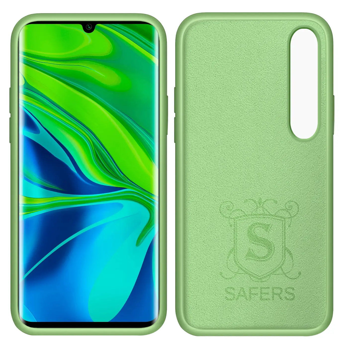 Grüne Silikonhülle mit Mikrofaser-Innenfutter für Xiaomi Mi Note 10 / Pro. Vorder- und Rückansicht.