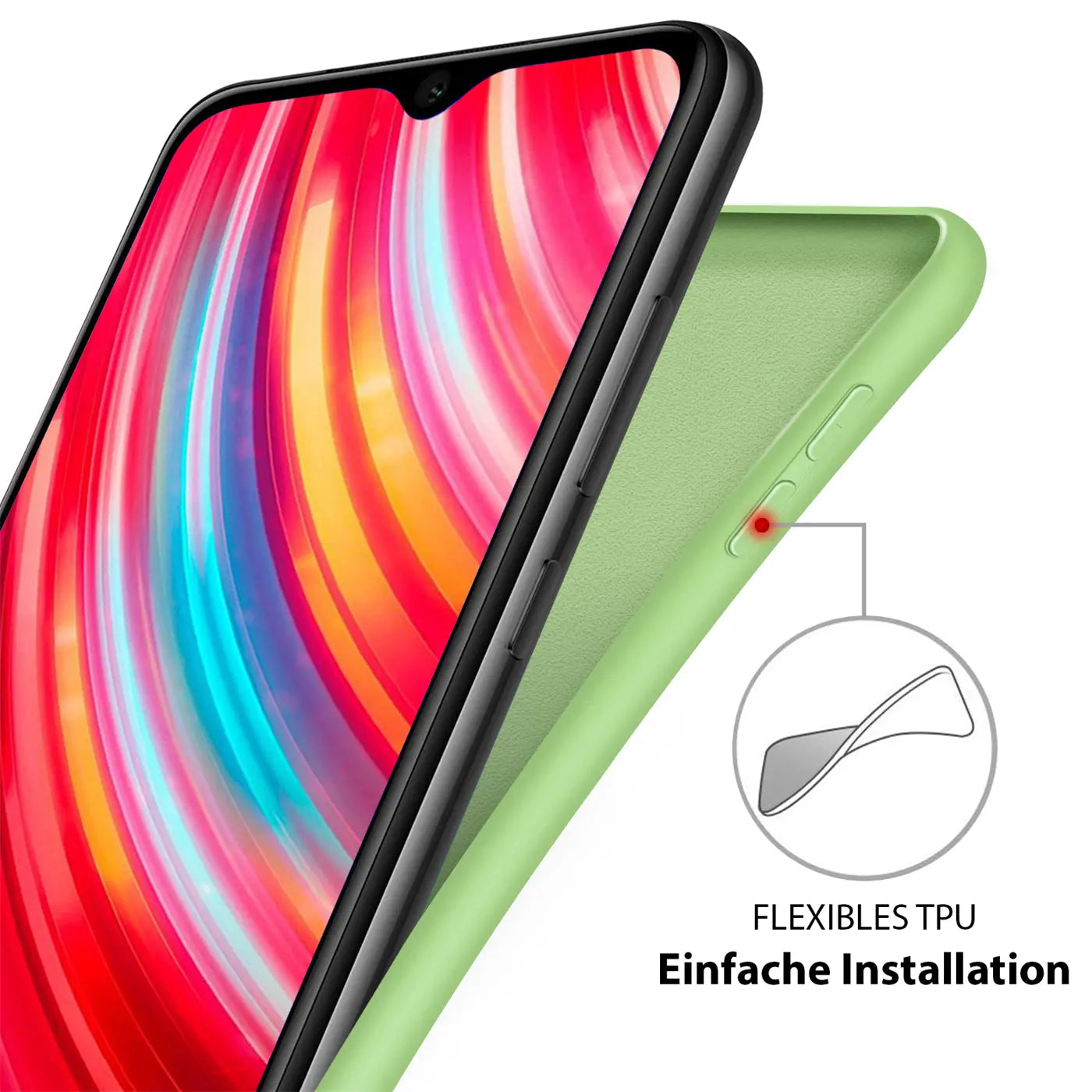 Grüne Silikonhülle auf Xiaomi Mi Note 10 Pro, Seitenansicht. Mikrofaser innen.