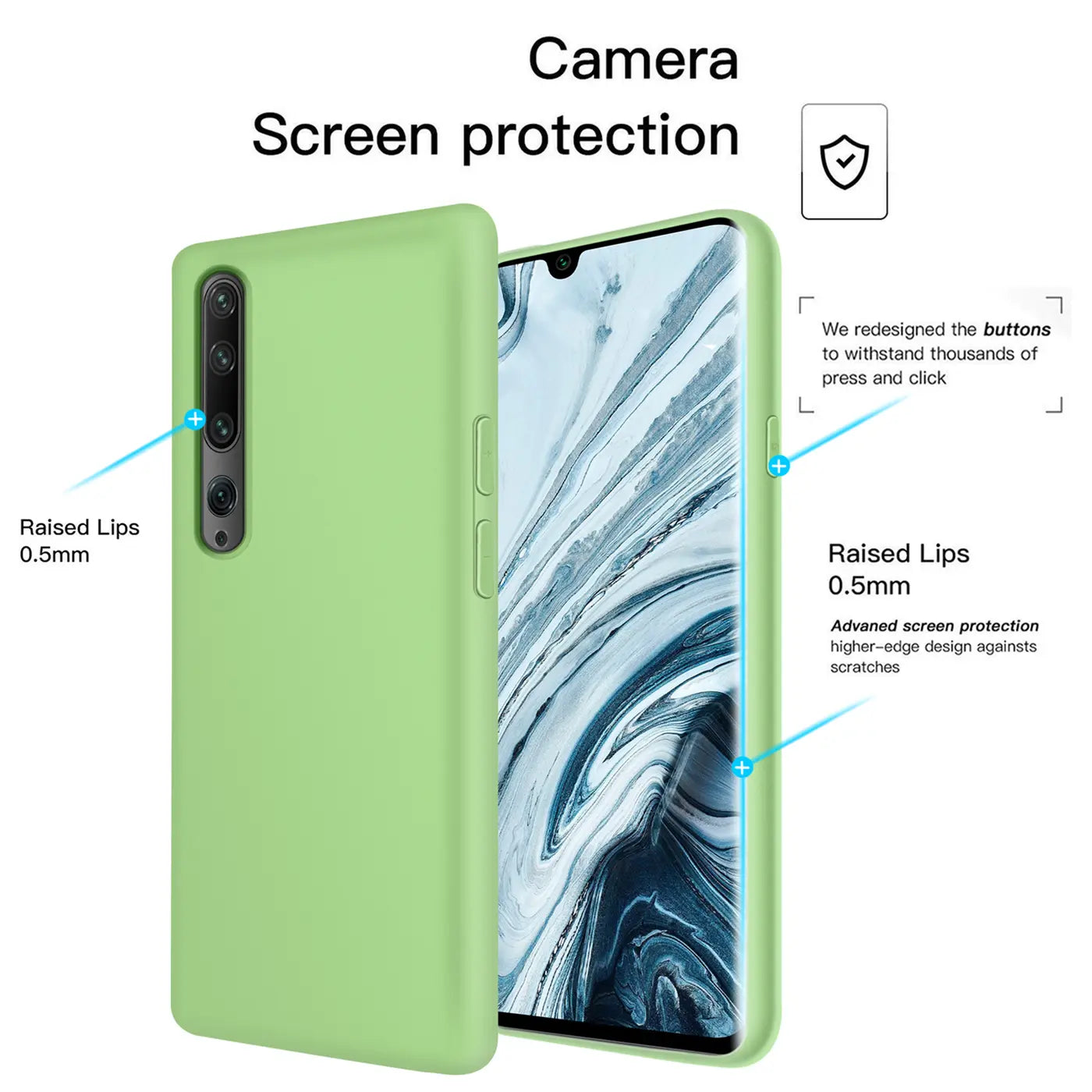 Grüne Silikonhülle für Xiaomi Mi Note 10/Pro, von vorne/seitlich, mit erkennbarem Smartphone.
