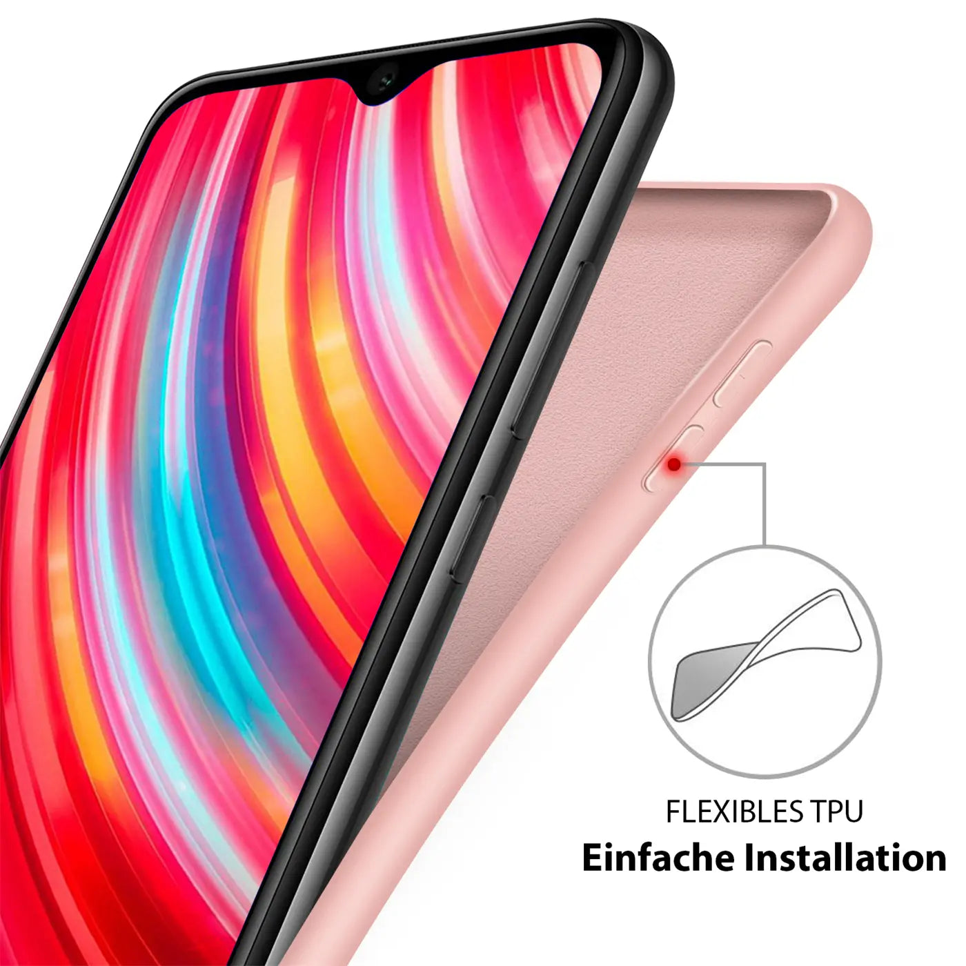 Rosa Silikonhülle für Xiaomi Mi Note 10/Pro, Nahaufnahme, Seitenansicht.