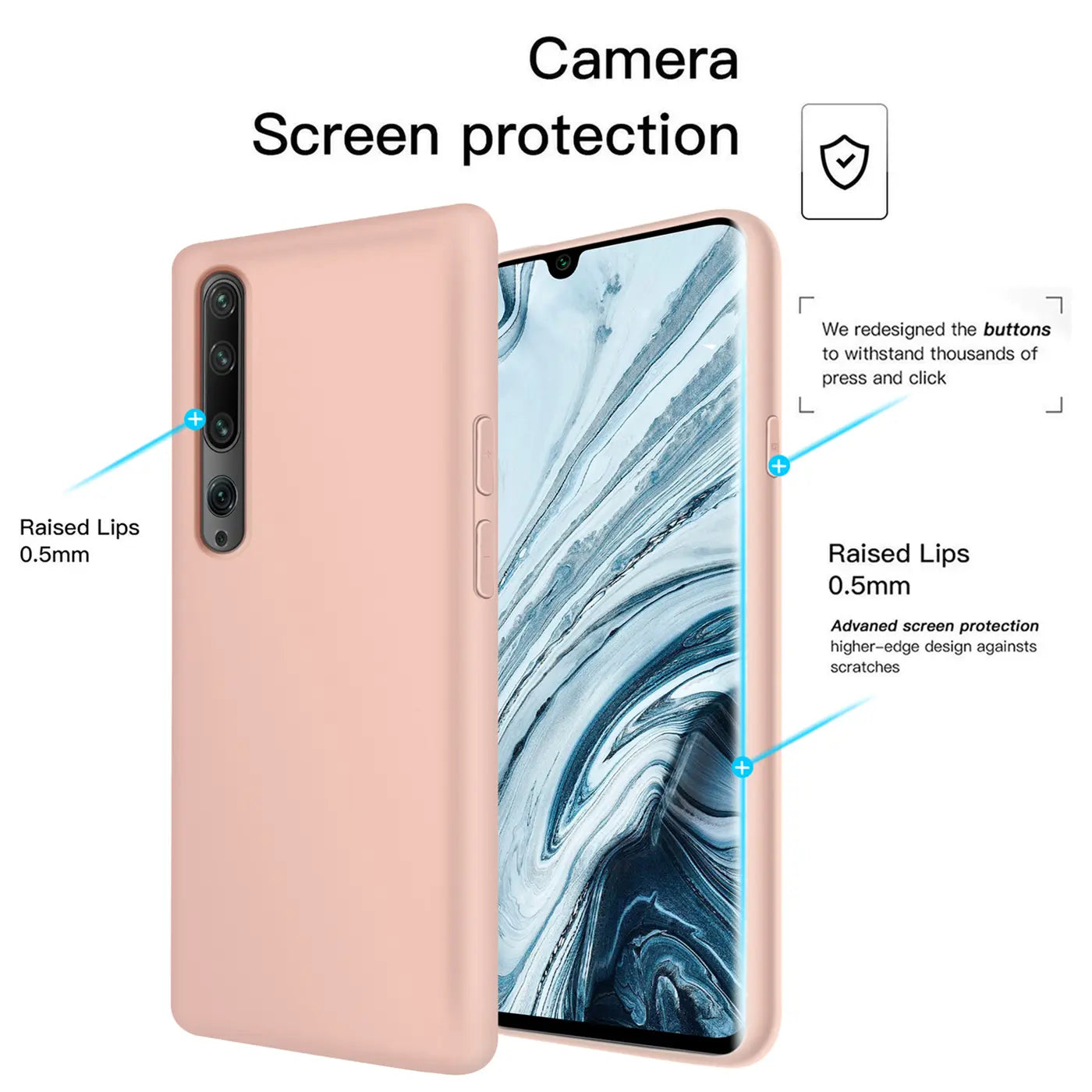 Rosa Silikonhülle für Xiaomi Mi Note 10/Pro, von vorne/seitlich, mit Display.