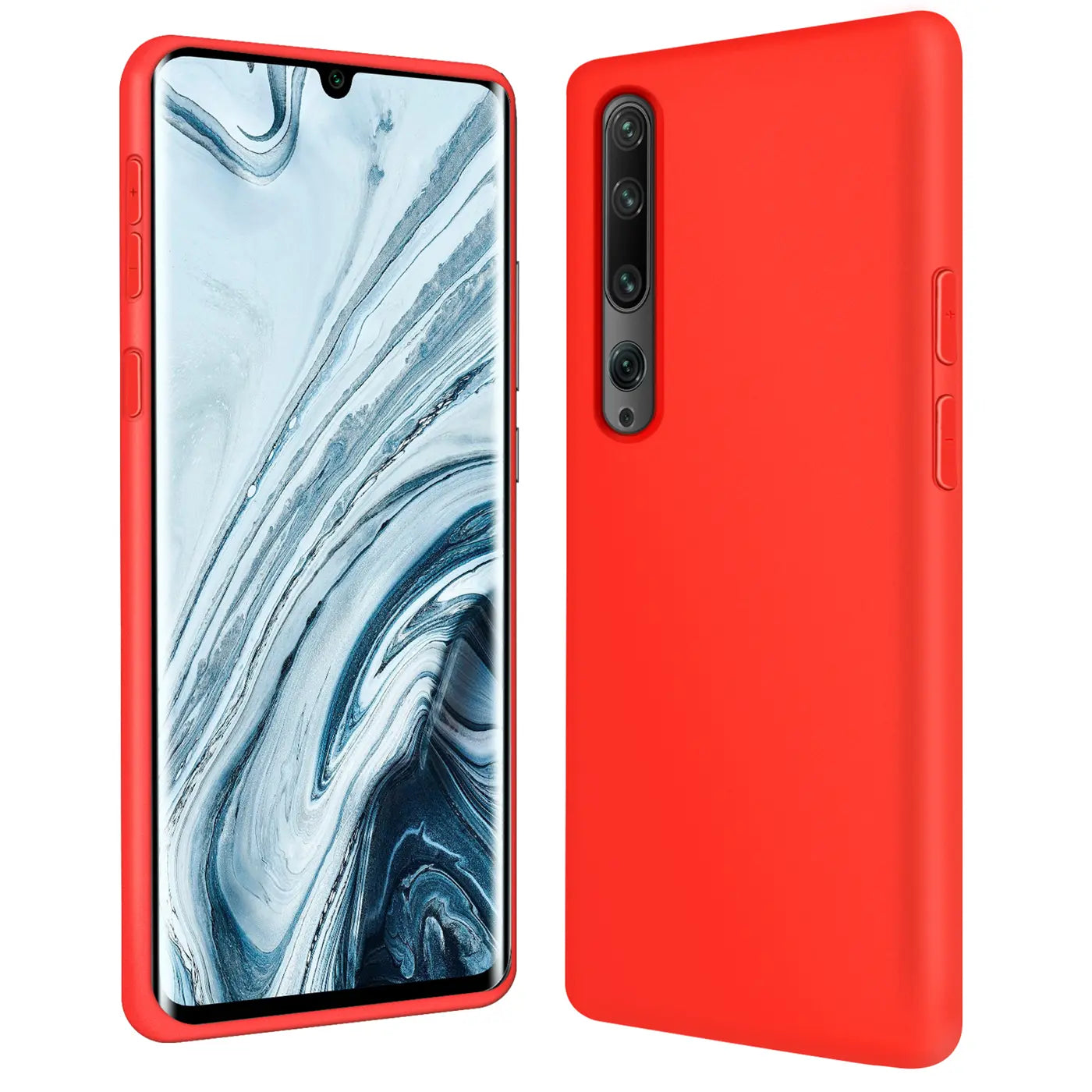 Rote Silikonhülle für Xiaomi Mi Note 10 / Pro, Vorder- und Rückansicht.