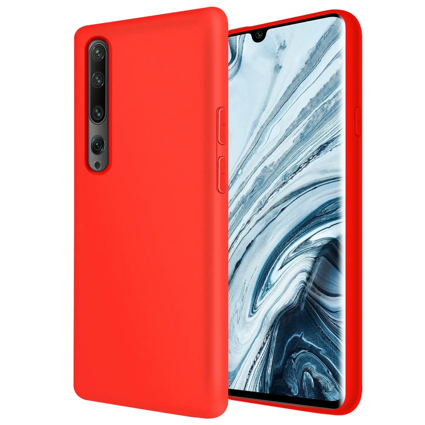 Rote Silikonhülle für Xiaomi Mi Note 10 / Pro, von vorne leicht schräg.